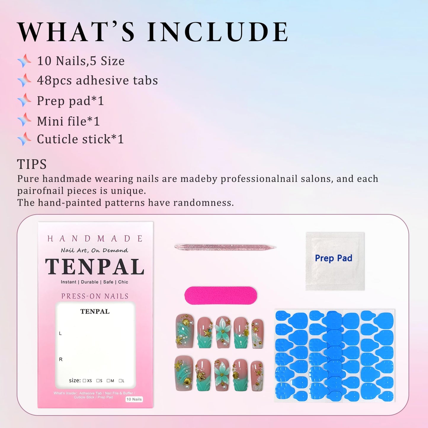 TENPAL Handmade Coffin Press on Nails Medium- Emerald Green Blushing Ombre Fake Nails with 3D Starfish & Shell Design, Coastal Elegance Style Glossy Acrylic Flowers False Nails with Tools(S)