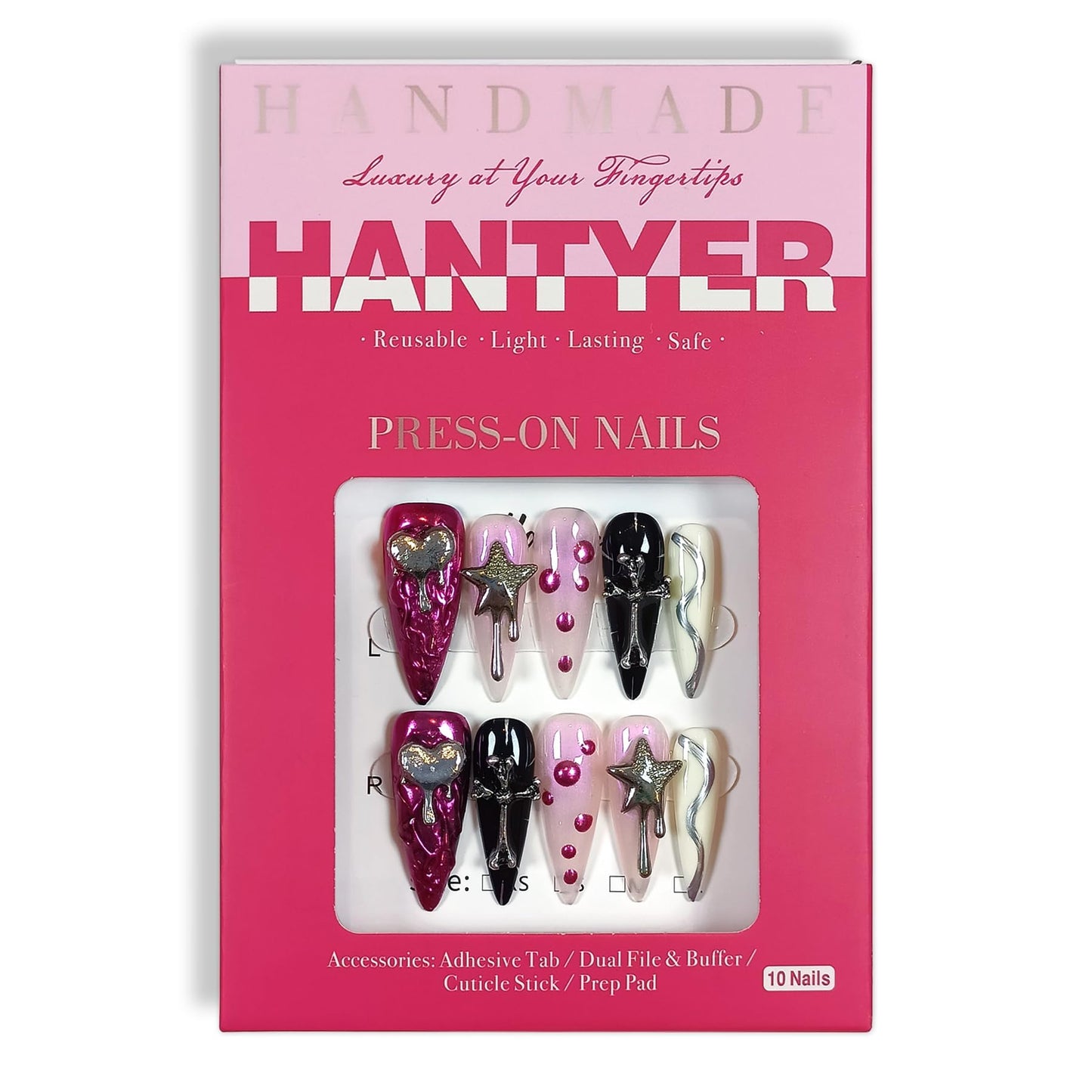 Hantyer 10PCS Y2K Press on Nails with Tools Kit, Long Stiletto Glossy Nails in Pink & Black, Salon Nails with 3D Metal Charms (Heart/Star/Cross), Edgy Punk Style for Party-Ready & Daily Wear(Size M)