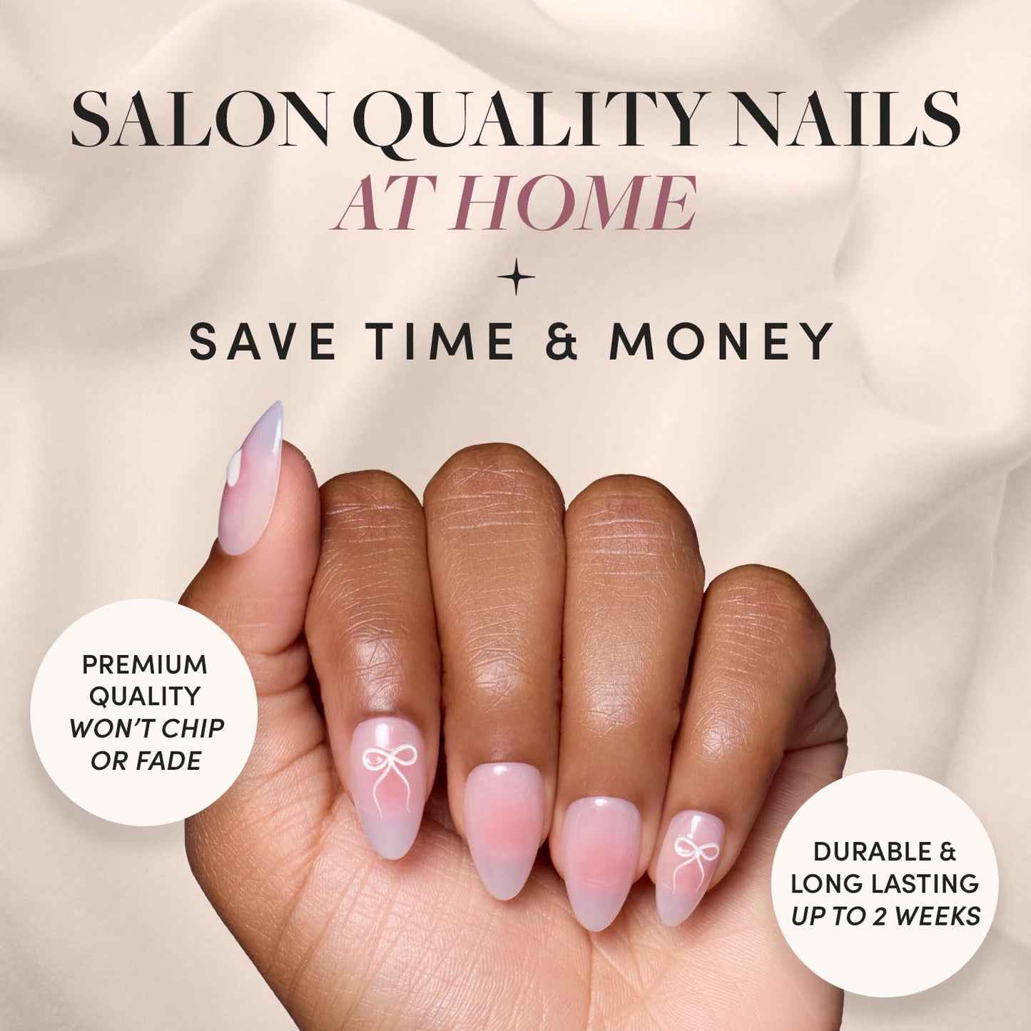 Glamnetic Press-On Nails & Adhesive Nail Tabs - Lovers Knot | Short Almond Nude Fake Nails with Bow Accents | 15 Sizes - 30 Nail Kit with Adhesive Tabs