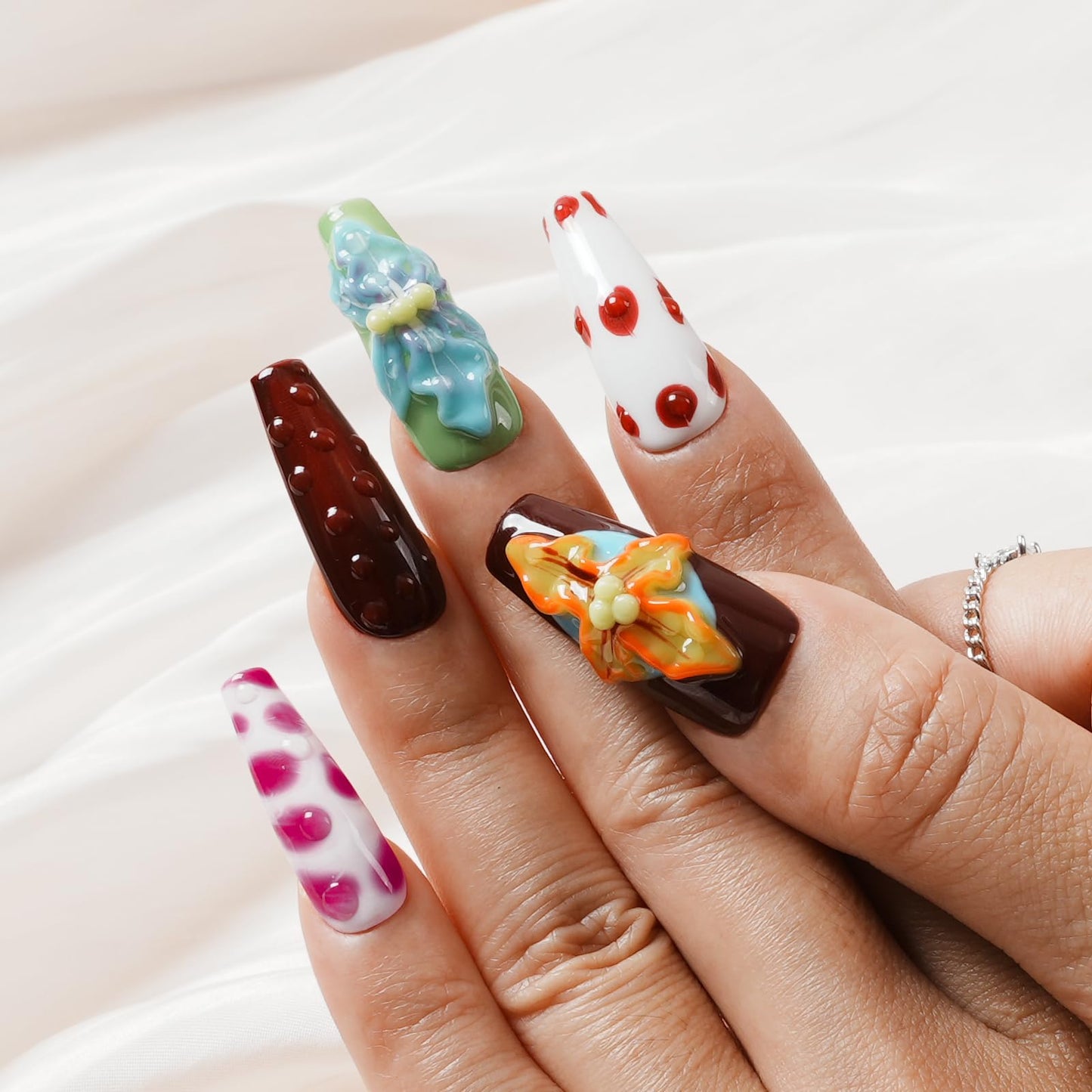 Tesytto Long Coffin Press On Nails with 3D Floral Design - Summer Multicolor Thick Luxury False Nails Reusable Acrylic Nails (Summer Stories,S)