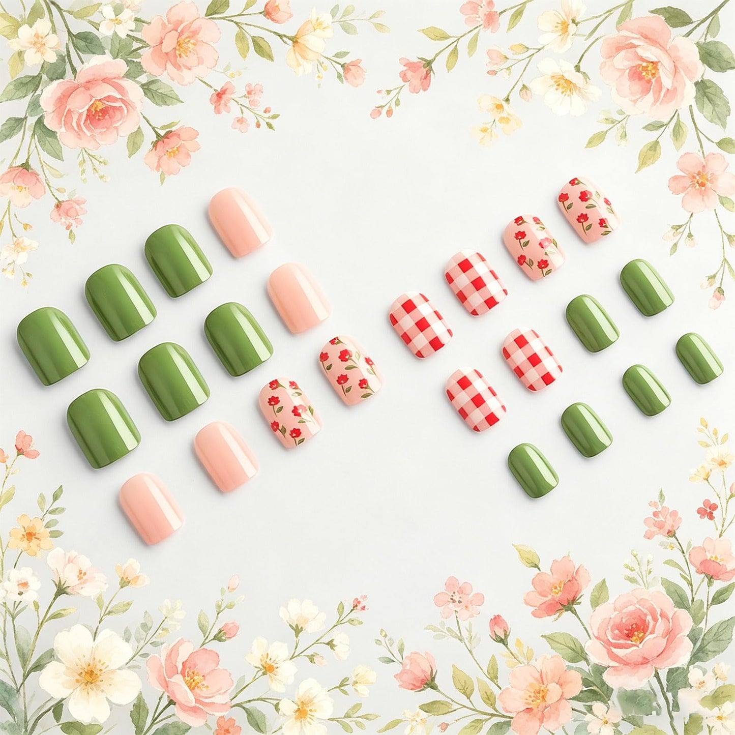 Gingham Short Square Press on Nails with Picnic Design Glossy Red Fake Nail Flower False Nails Floral Glue on Artificial Fingernails Plaid Full Cover Stick on Nail for Women Daily Wear