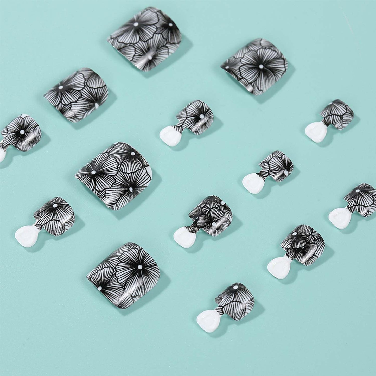 Flower Press On Toenails Short Square Fake Toe Nails Summer False Toenails With Black Floral Design Full Cover Acrylic Toe Nail Artificial ToeNail Glossy Stick On Toenail For Women 24pcs