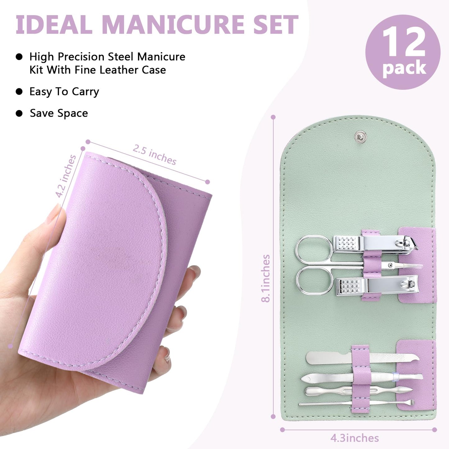 Lanties 12 Set Manicure Set Bulk Mini Manicure Nail Clipper Kit 7 in 1 Stainless Steel Professional Nail Care Pedicure with Travel Portable Bag Grooming Kits for Women Men Home(Purple)