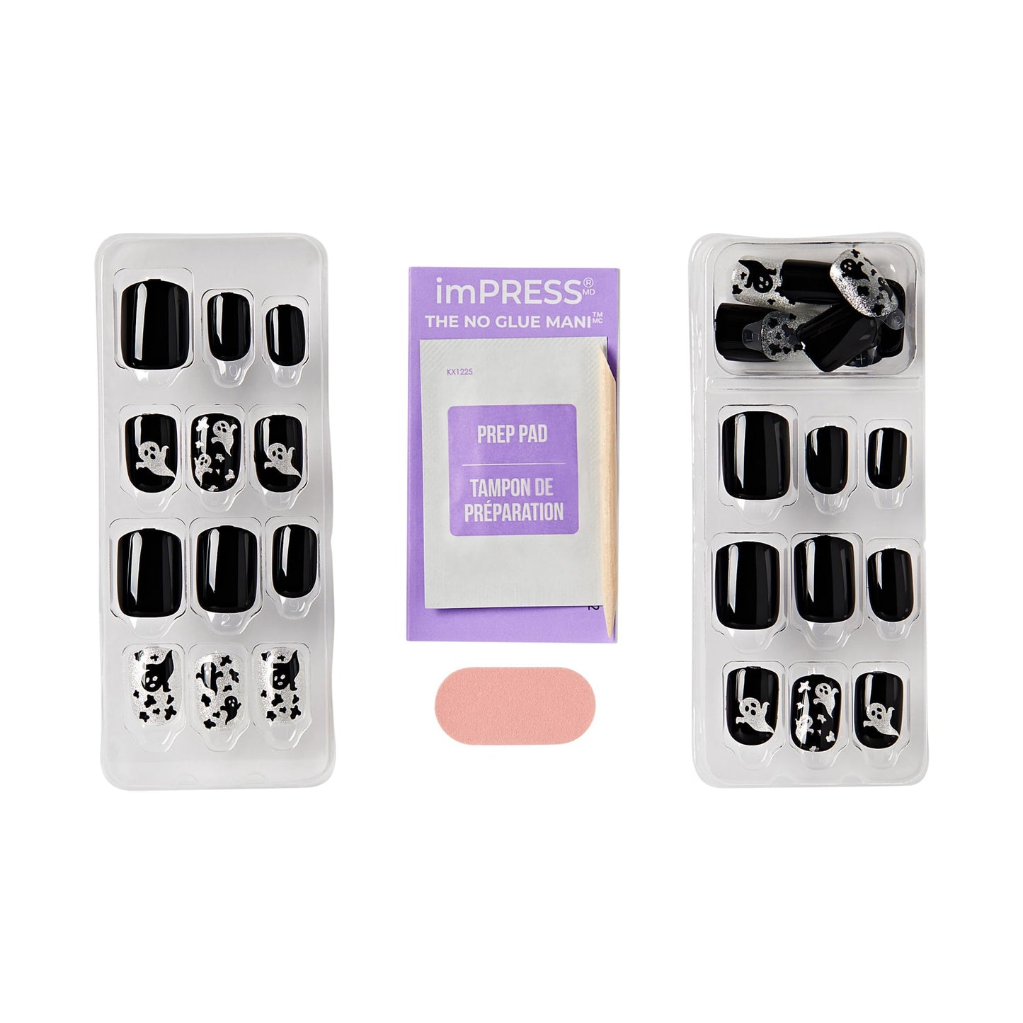 KISS imPRESS Halloween Press On Nails, ‘Coming Near’, Black, Short Squoval, Magnetic Powder Effect, No Glue, Glow-In-The-Dark, Includes Prep Pad, Mini Nail File, Manicure Stick & 30 Fake Nails