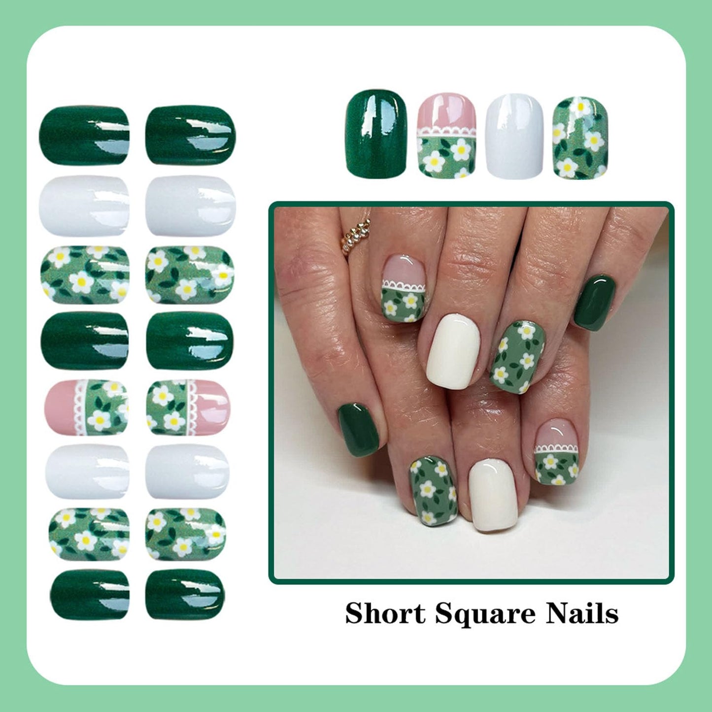 24Pcs Short Square Press on Nails Spring Summer Fake Nail False Nails with White Flowers Design Dark Green Acrylic Nail Press ons Pink Full Cover Manicure Set for Women Girls Fingertip Art