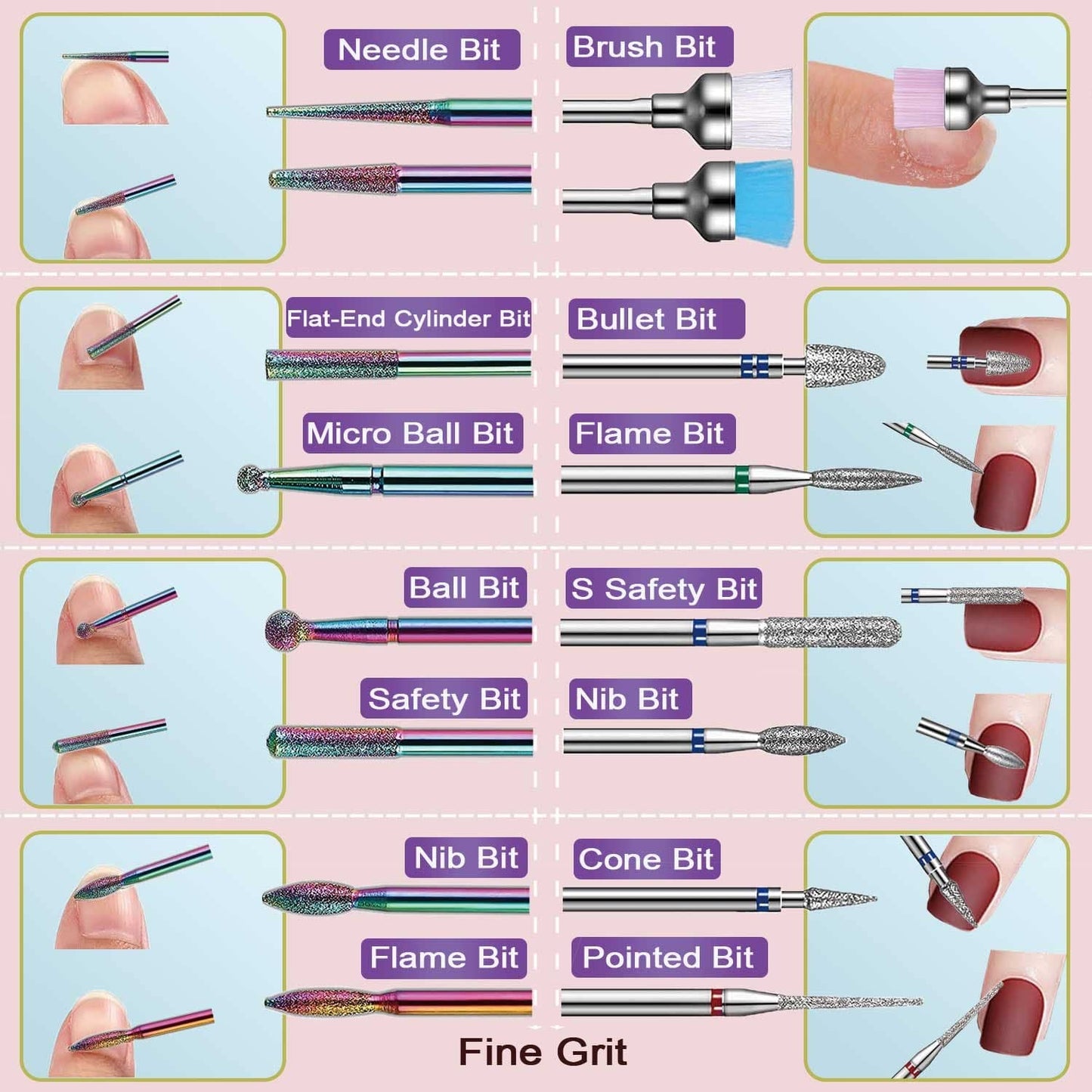 Nail Drill Bits Set, 3/32" Ceramic Tungsten Carbide Diamond Drill Kit,30Pcs Safety Professional Rotary Burrs Polish Nail File Bit for Acrylic Poly Nails Gel Cuticle Remover Electric Manicure Pedicure