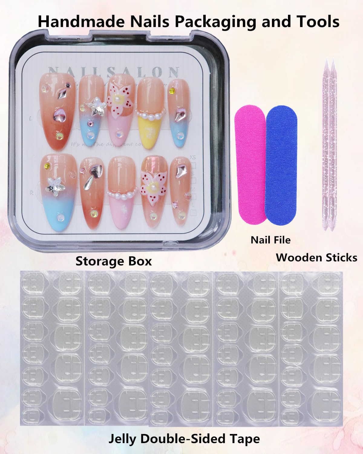 CAMILCY Press on Nails Handmade Nails Luxury Reusable Fake Nails For Girls Long Almond Armor Mixed Color Pink Diamonds Hand Painted Salon Loveful Design Acrylic Gel UV Finished 3D Nails 10PCS(B11, L)