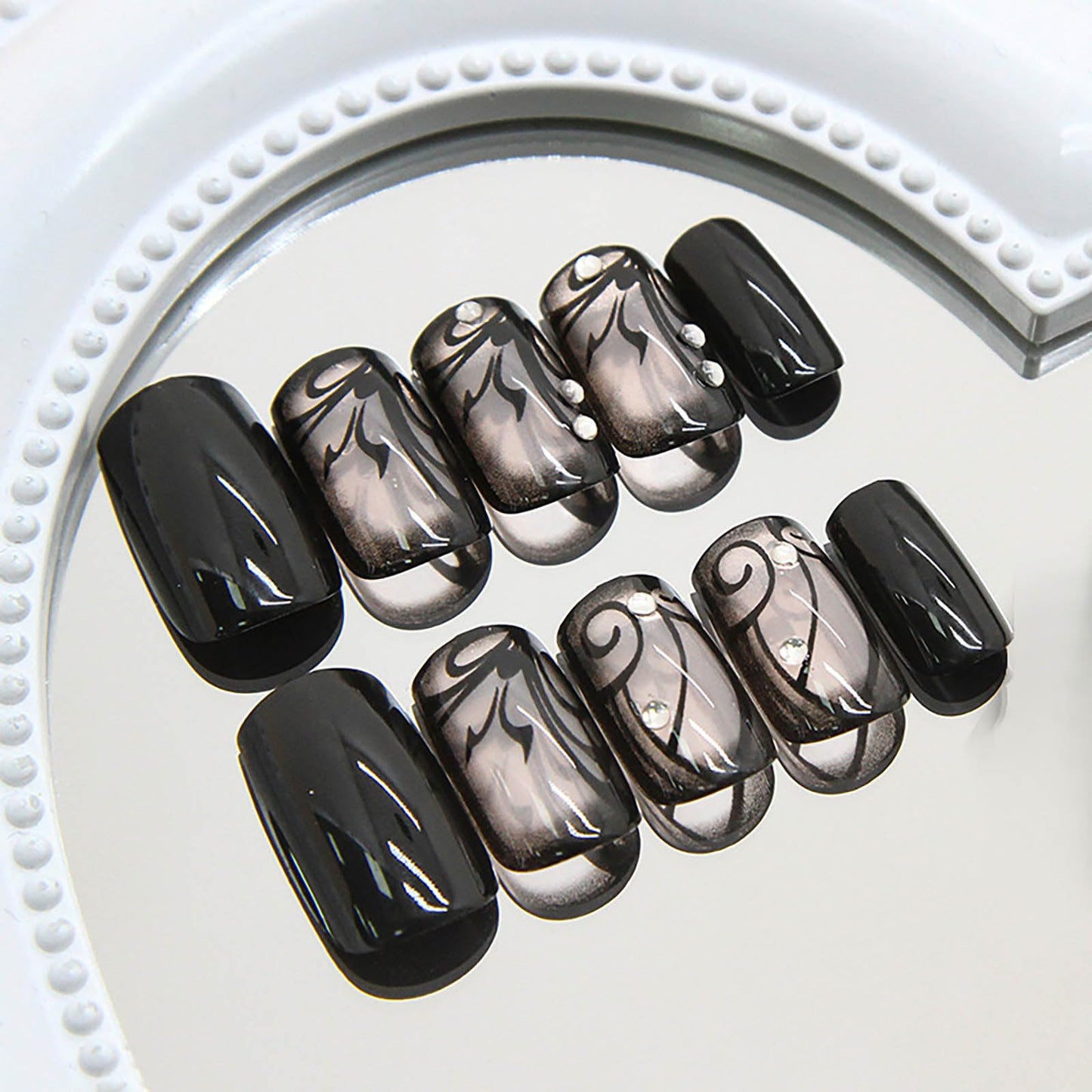 Short Press on Nails Square Fake Nails Black French Tip Acrylic False Nails with Dark Vines Design Full Cover Glue on Nail Glossy Nails Press ons Short Stick on Nail for Women 24Pcs