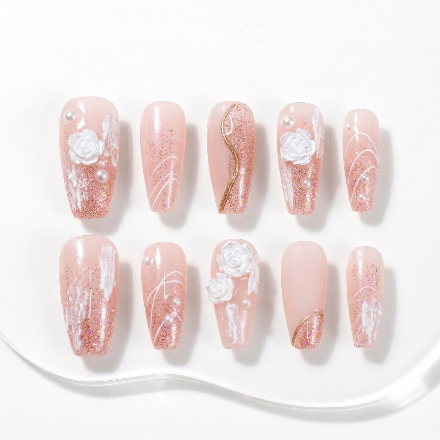 Sun&Beam Nails Handmade Press On Nails Long Coffin Peach Pink Glitter with White Roses and Pearls 10 Pieces for Everyday Wear and Special Occasions (#002 S)