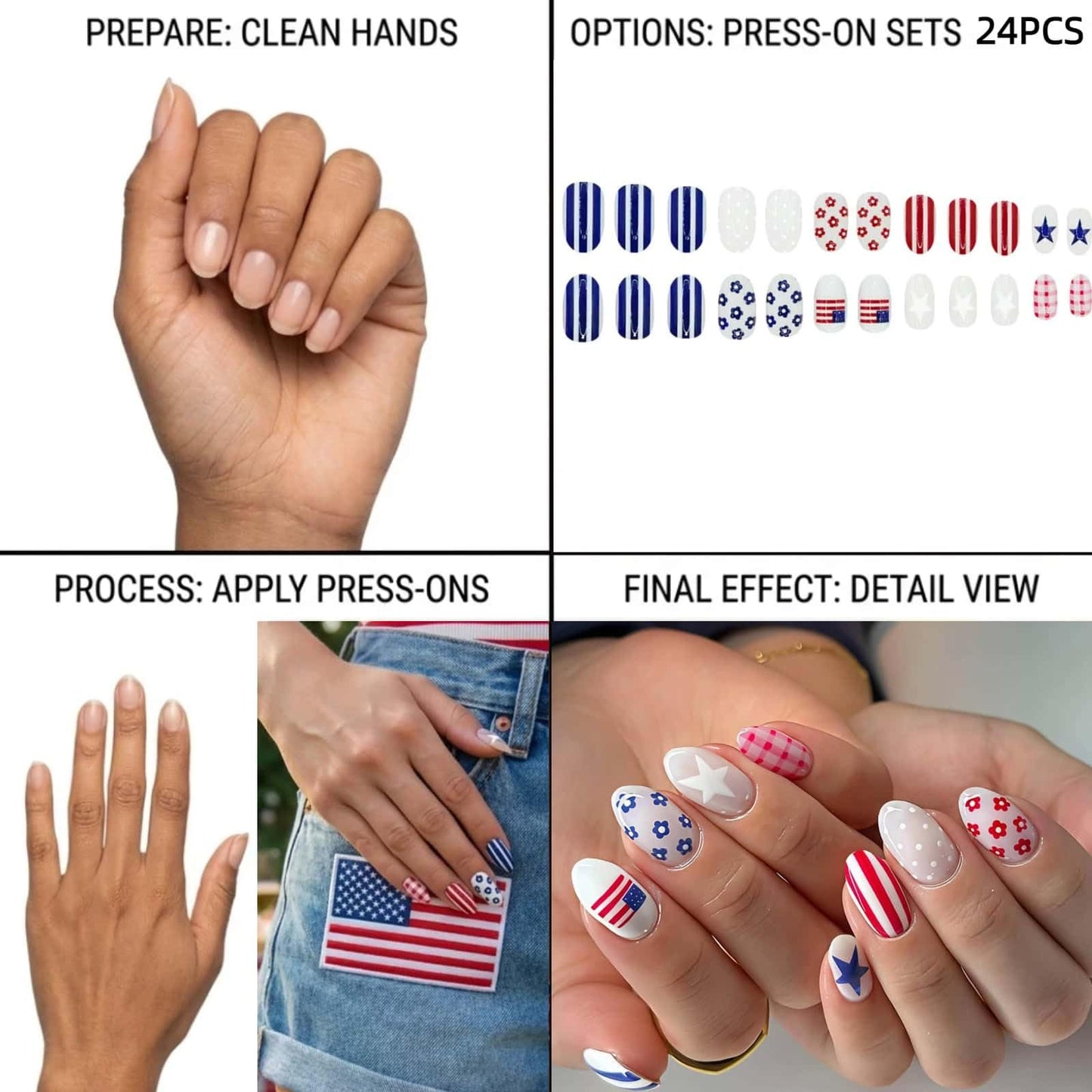 CLYHLTMZ Independence Day Press on Nails Short Almond Fake Nails 4th of July USA Day Glue on Nails Red White Stripes with Flowers Design Glossy Reusable Acrylic Stick on Nails for Women 24 Pcs