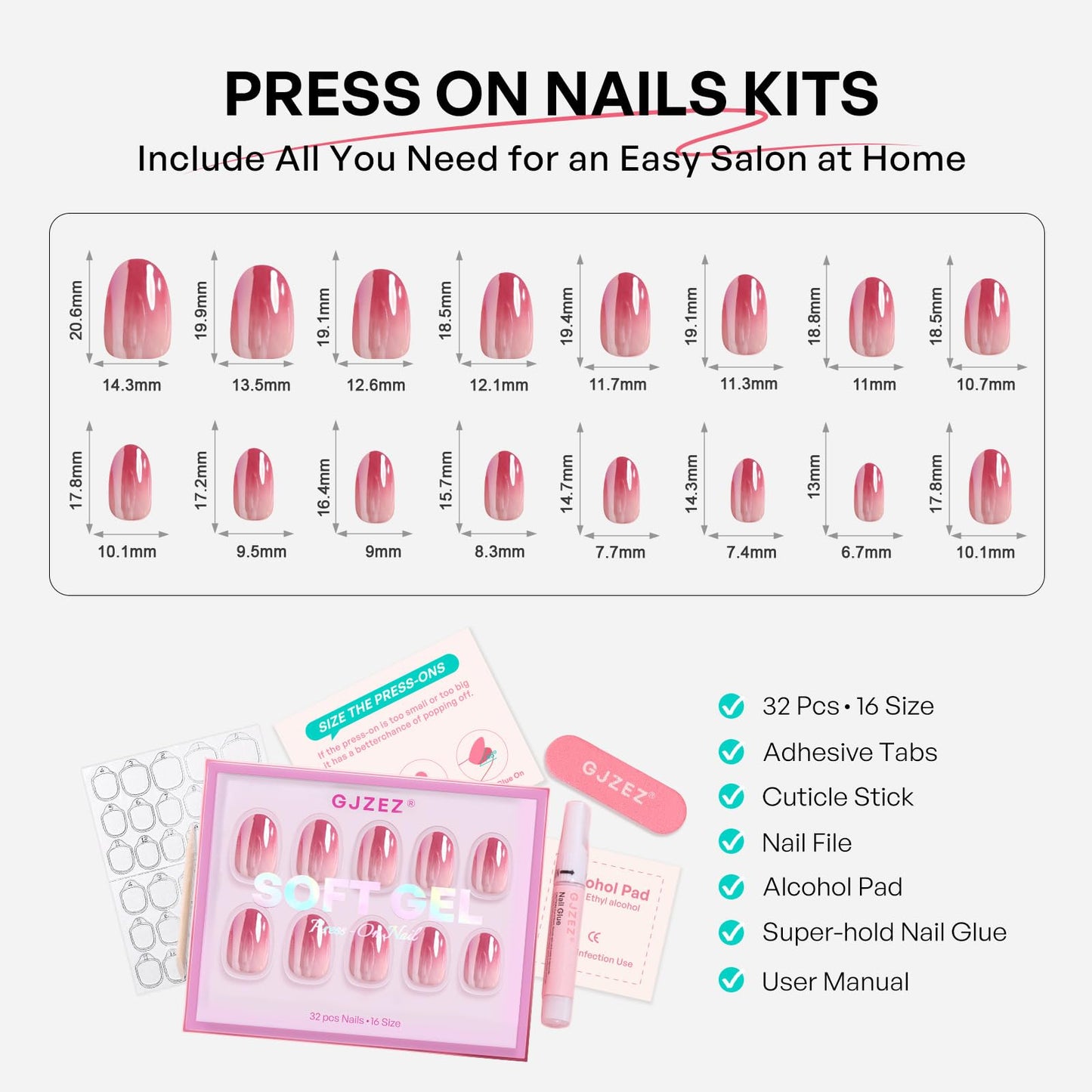 Chrome Press on Nails Oval - GJZEZ Soft Gel Pink to Red Ombre Glazed Donut Fake Nails with Glue Gifts for Women Romantic Glossy Gradient Reusable False Faux Nail | 16 Sizes, 32 pcs, Blush Ombre