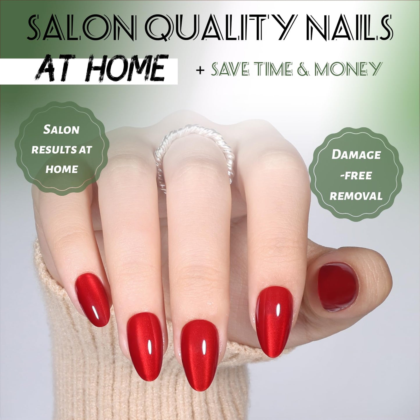 Red Cat Eye Press On Nails Almond - Short Almond Fake Nails with Nail Glue, Red Cateye Press On Nails Reusable Stick On Nails in 16 Sizes 32 Nail Kit for Women & Girls | Salon Quality