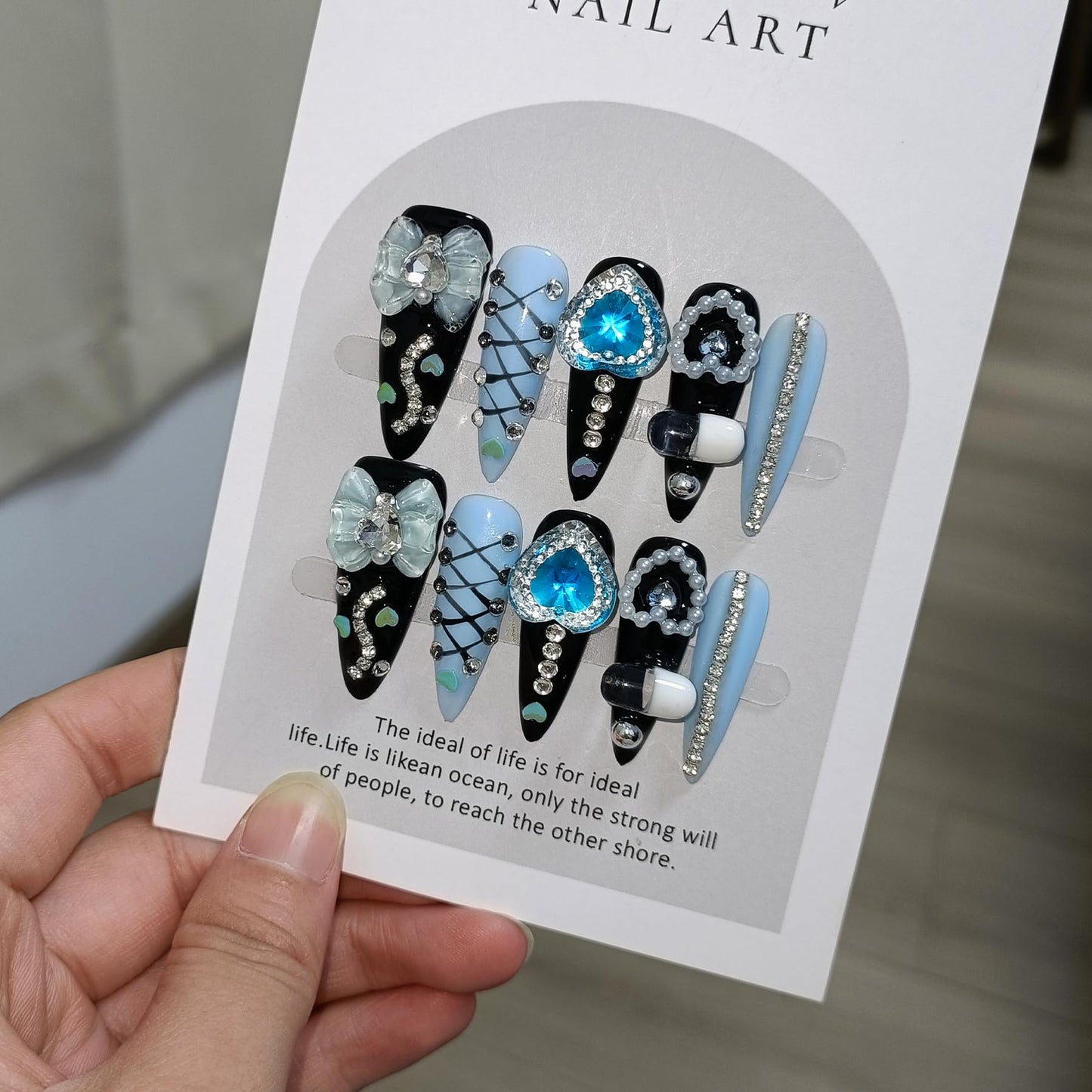 TENPAL 10Pcs Y2K Gothic Press On Nails With Tools,Blue 3D Capsule Pearl Bow & Chain Charms Designs Fake Nails,Long Stiletto Handmade False Nails,Reusable Acrylic Glue on Nails for Party Halloween(XS)