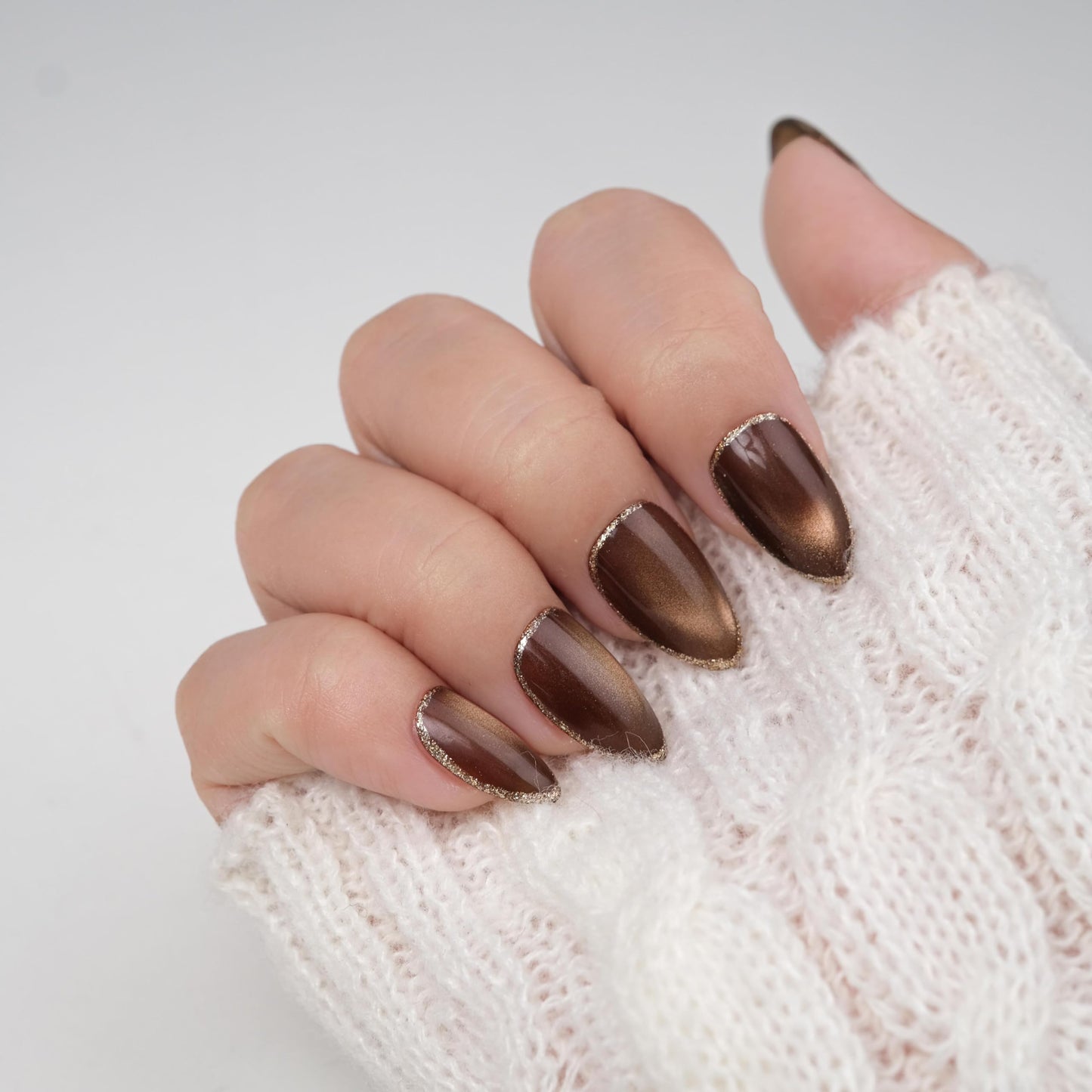 Nailique Press On Nails Short Almond – Handmade Espresso Mocha Brown Cat Eye Soft Gel with Gold Trim Outline, 26pcs Reusable Nail Tips with Glue & Remover, Salon Quality Luxury Chic Manicure