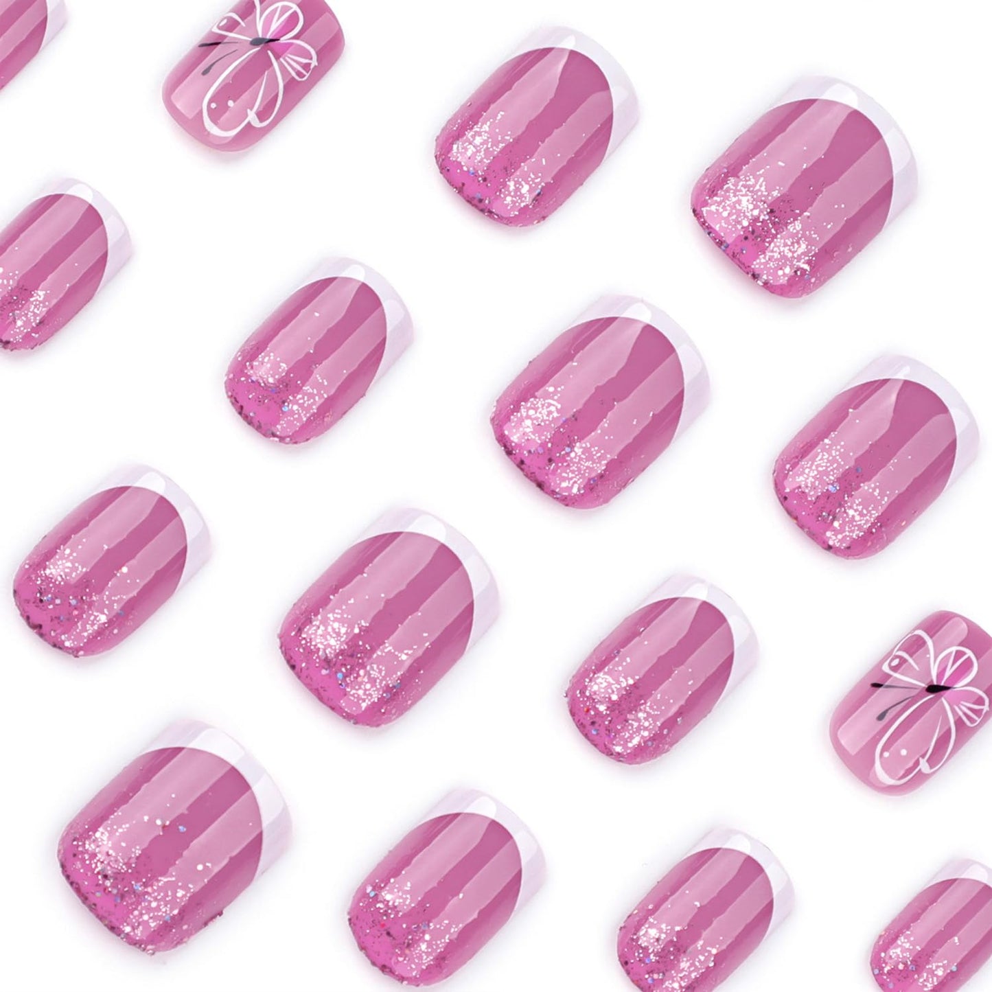 White French Tip Press on Nails Short Square Fake Nails with Butterfly Glitter Designs Summer Glue on Nail Reusable Artificial Extra Short Acrylic Full Cover Stick on Nail for Wedding Women 24 Pcs