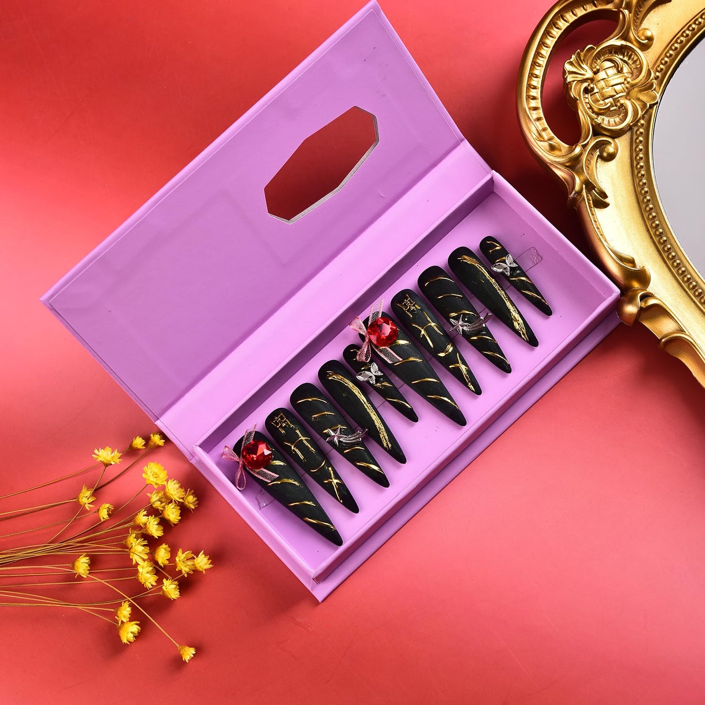 Tmani 10pc/set Extra Long Handmade Press On Nail Hot Girl's Long Ballet Nails Pointed Nail Full of Diamond Glitter Decoration Fake Nails Suitable For Girls Festival Parties and Birthday Gift (190,M)