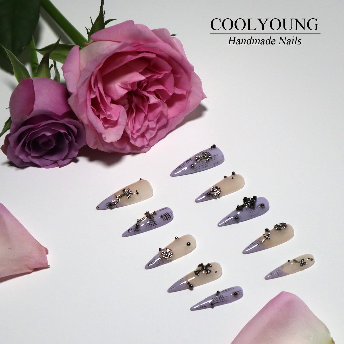 Handmade Press On Nails, French Nails, Stick On Nails For Women, Press On Nails Purple, Nailphoria Press Ons, Press On Nails Stiletto, Fake Acrylic Nails, Woman Gifts, COOLYOUNG Nails, 10 PCS, Size L