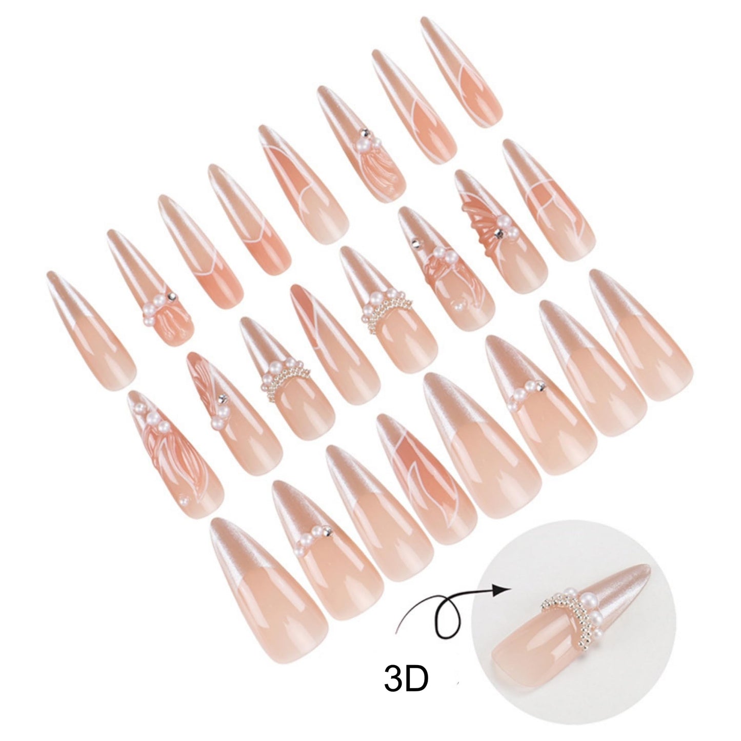 Almond Press on Nails Long Fake Nails Nude Artificial Nail Pearl and Floral Designs Stick on Nail for Women 24pcs