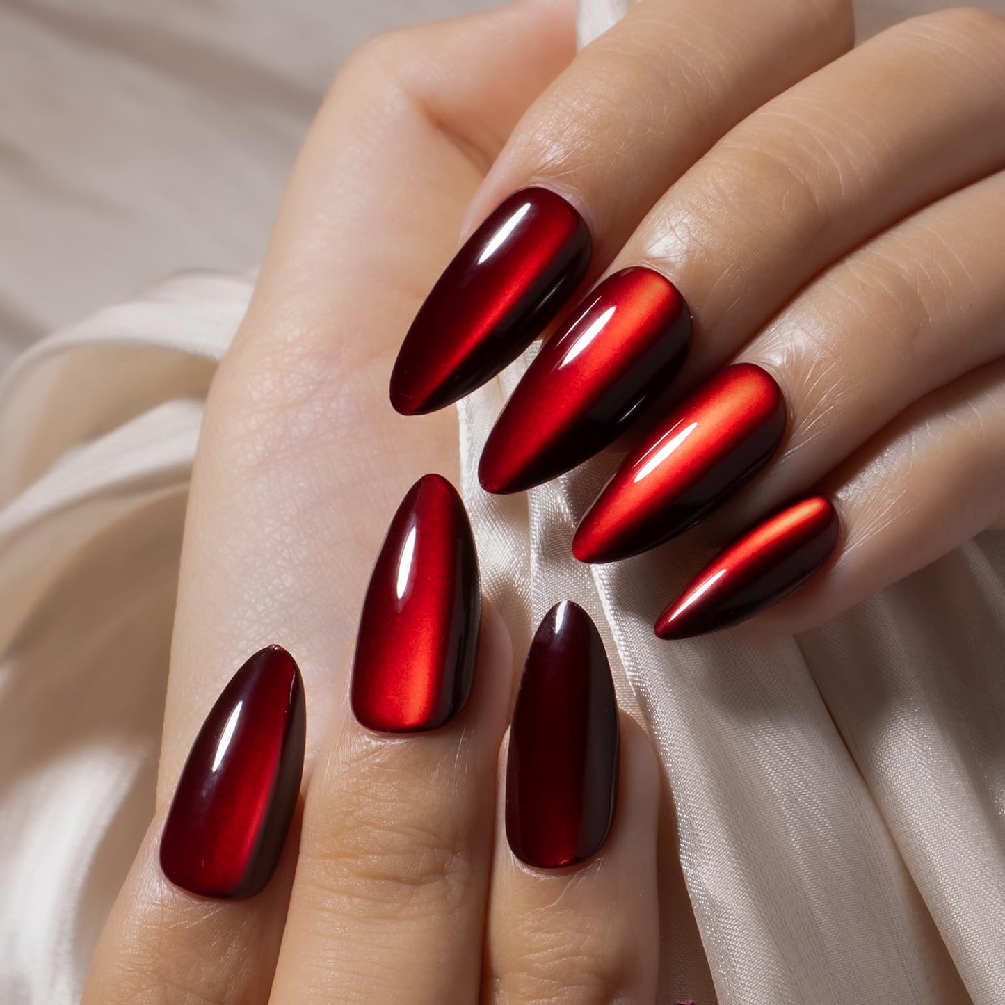 CurvLife Soft Gel Almond Press on Nails,Long Glossy Red Cat Eye Fake Nails with Apricot Design, Full Cover False Nails Tips Glossy Nude Glue on Christmas Nails Artificial Stick on Nails for Women