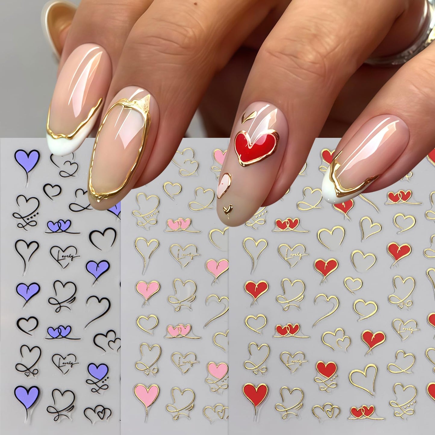 6 Pcs Heart Nail Art Stickers Valentines Day Nail Decals 3D Self Adhesive Hearts Nail Sticker Pink Purple Red Gold Heart Love Design Hollow Heart Nails Supplies Holiday Nail Accessories for Women