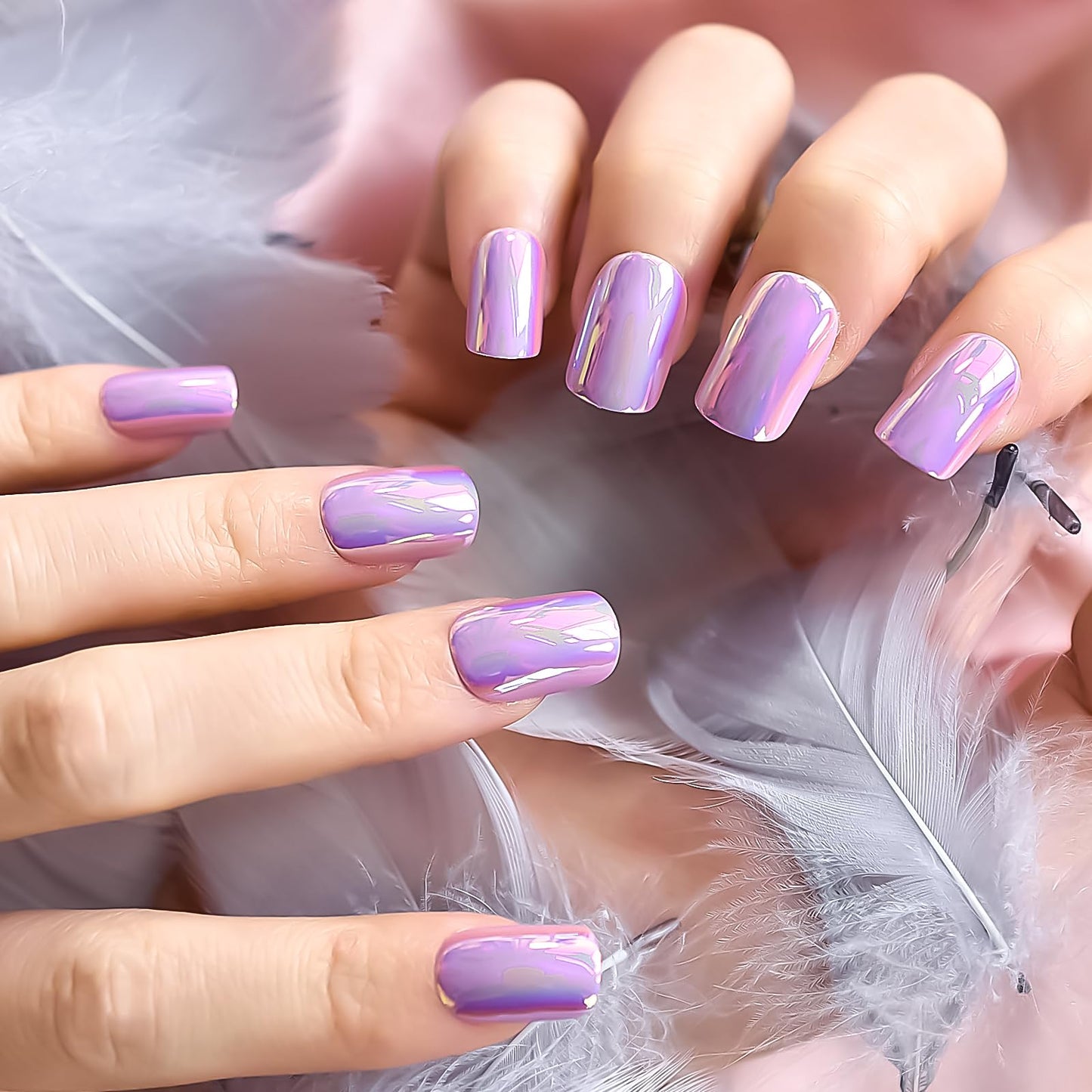 iBeautying Press on Nails - Metallic Mirror Purple Pink False Nails | Punk Metal Chrome Finish Short Reusable Fake Nails 24pcs Kit with Jelly Glue Pad