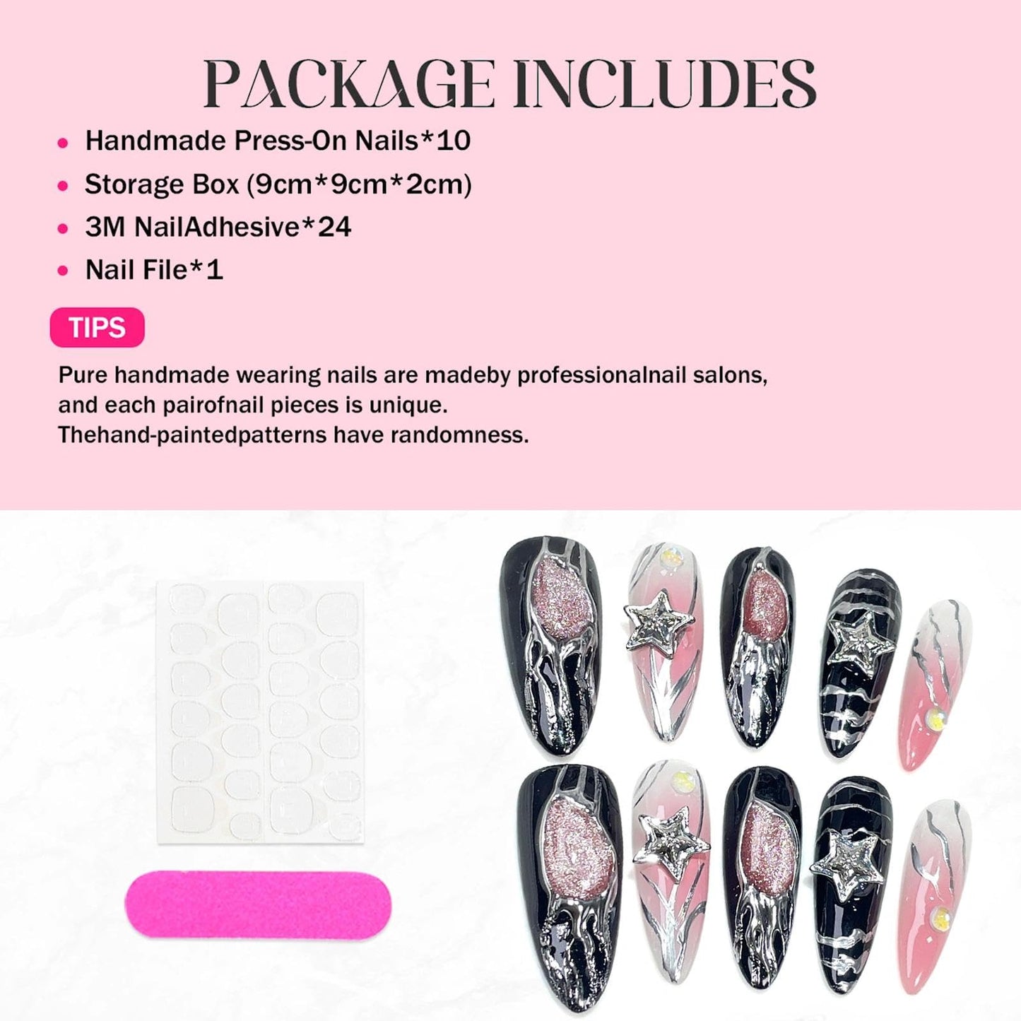 Handmade 3D Sweet Edgy Star Black Pink Stiletto Press On Nails, Metallic Stream Glitter Artisan Nails Set, Reusable Glossy Press-ons with Tool Kit(M)