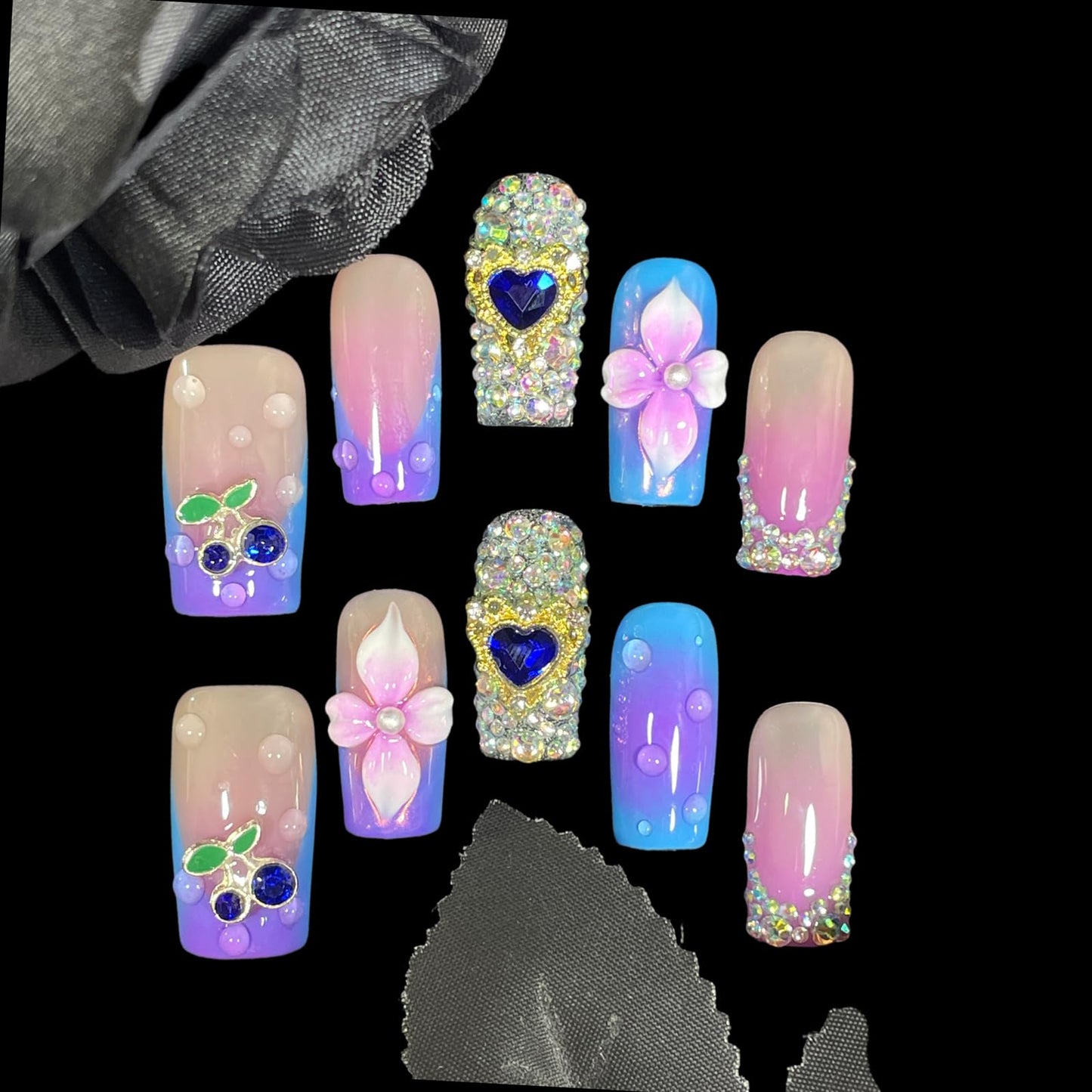 Handmade Press On Nails, Medium Short Square, Pink Blue Ombre with 3D Flowers, Bling Rhinestone Cherry Design, Reusable Acrylic False Nails (Sapphire, M)
