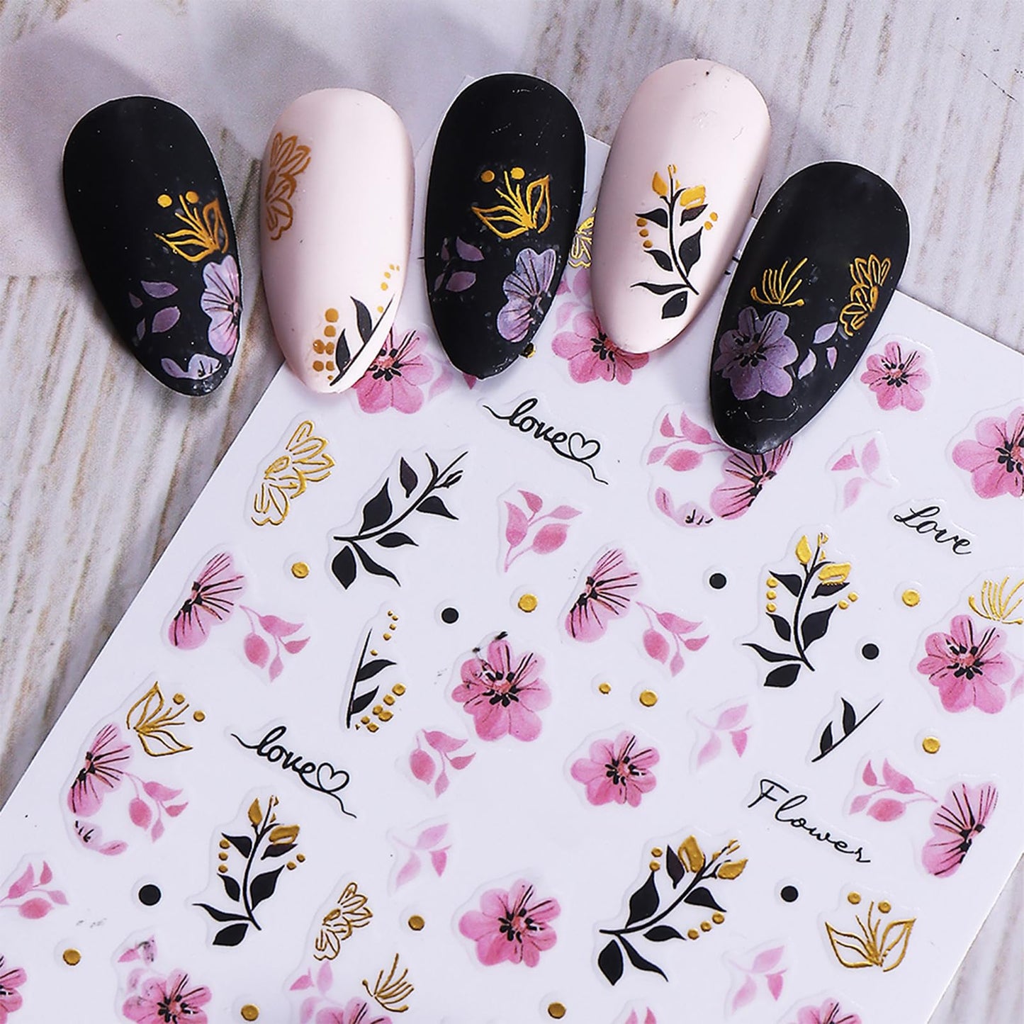 Spring Summer Japanese Floral Nail Art Stickers Golden Leaves Nail Art Supplies Pink Flowers Nail Art Accessories for Women Girls Manicure Decorations 6 Sheets