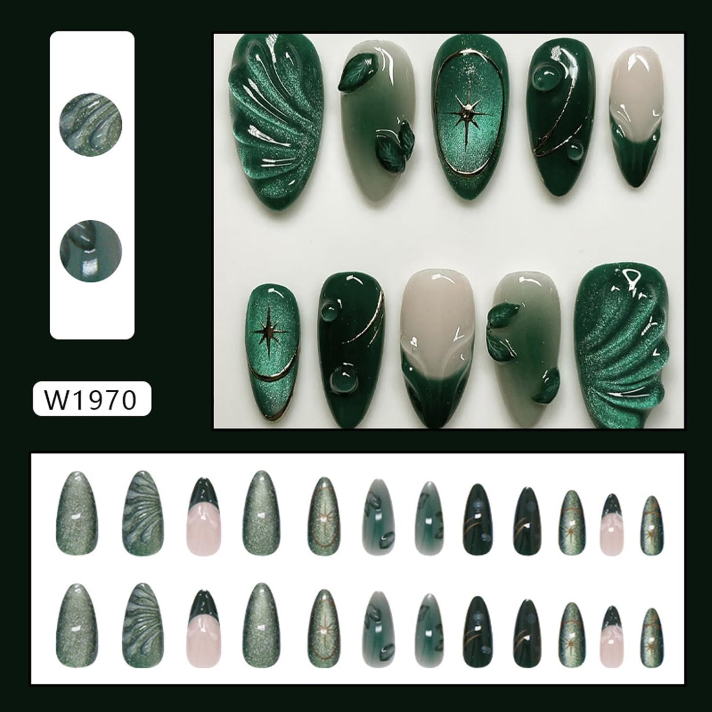 24Pcs Green Press on Nails Medium Almond Fake Nails with Green Ripple French Cat Eye Design Handmade Stick on Nails Glitter Full Cover Artificial Nails for Women DIY Manicure Daily Wear