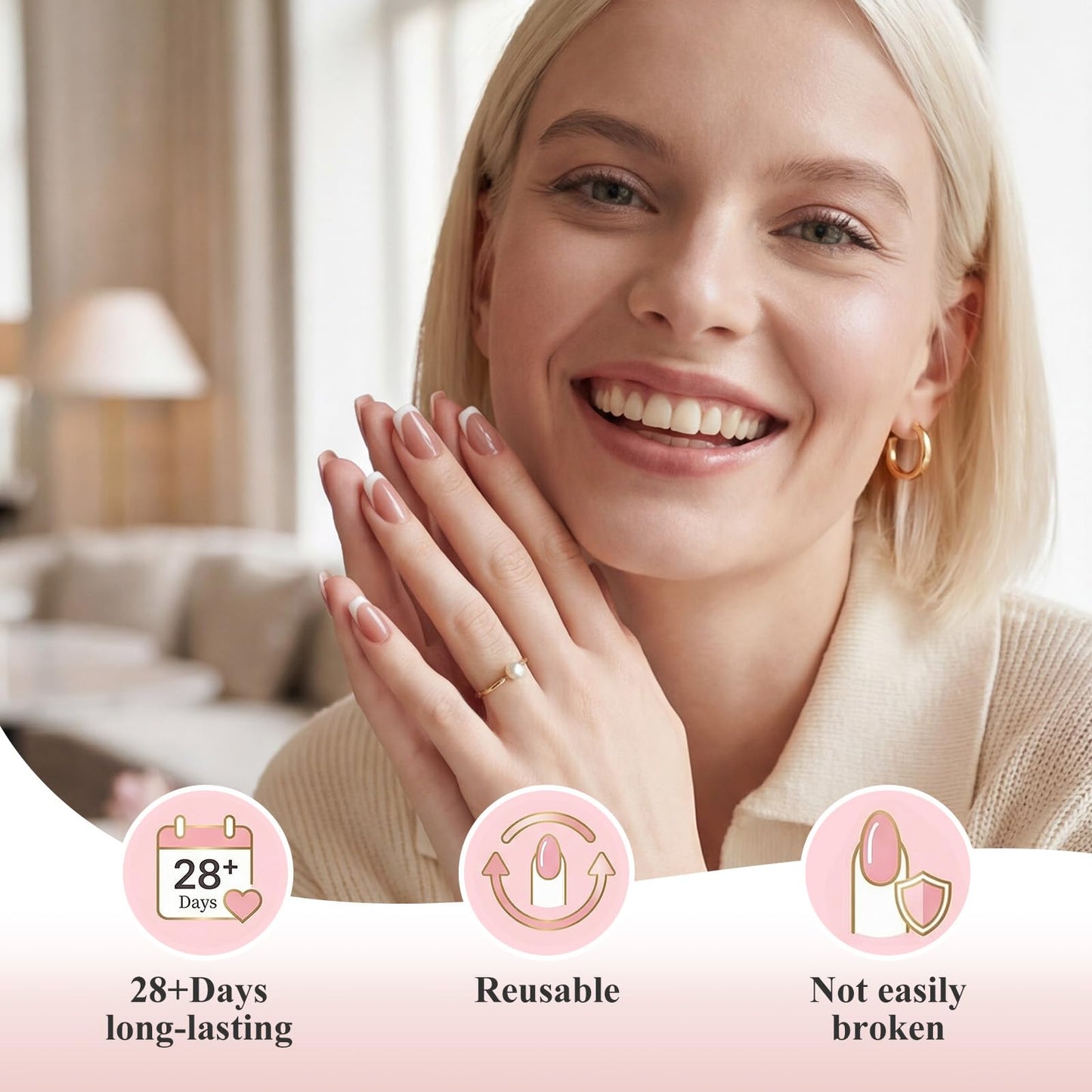 Bioday French Tip Press on Nails Short Square, Soft Gel Glossy Fake Nails Press on w/Glue, 30Pcs Reusable Stick on Nails in 15 Sizes, Salon Quality False Nails for Women Spring Summer Vacation Gift