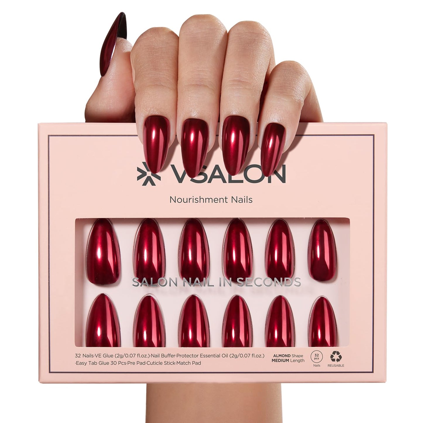 VSALON Press On Nails Almond, 32 Pcs 16 Sizes Red Press On Burgundy Chrome Metallic Medium Fake Nails With Glue & Cuticle Oil, Reusable Stick On Nails False Nails Kit