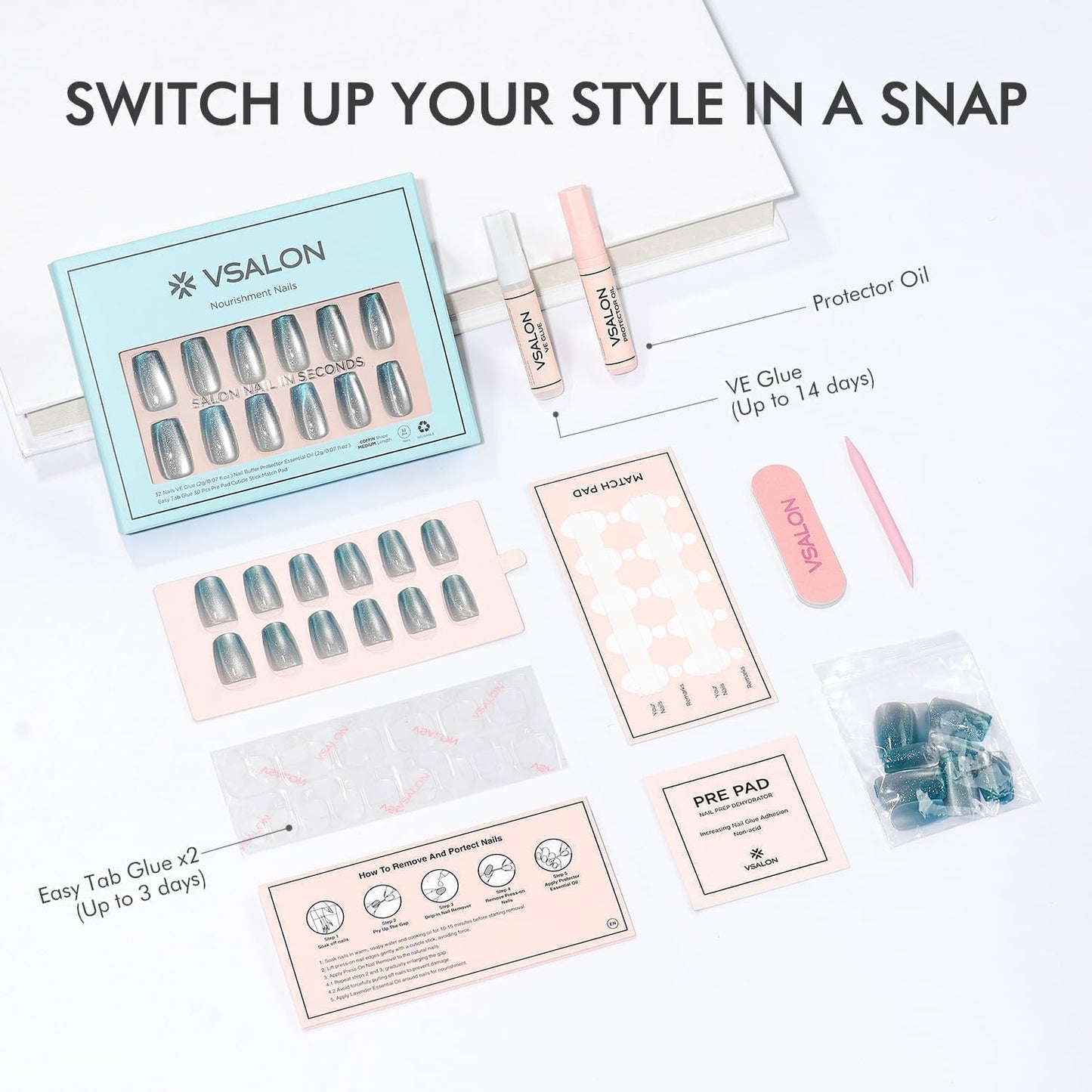 VSALON Coffin Medium Press on Nails, Icy Blue Ombre Summer Cat Eye Glossy Chrome Shimmer Fake Nails, Reusable Soft Gel Semi-Transparent Glue on Nails, 32 Pcs in 16 Sizes Kits with Glue & Cuticle Oil