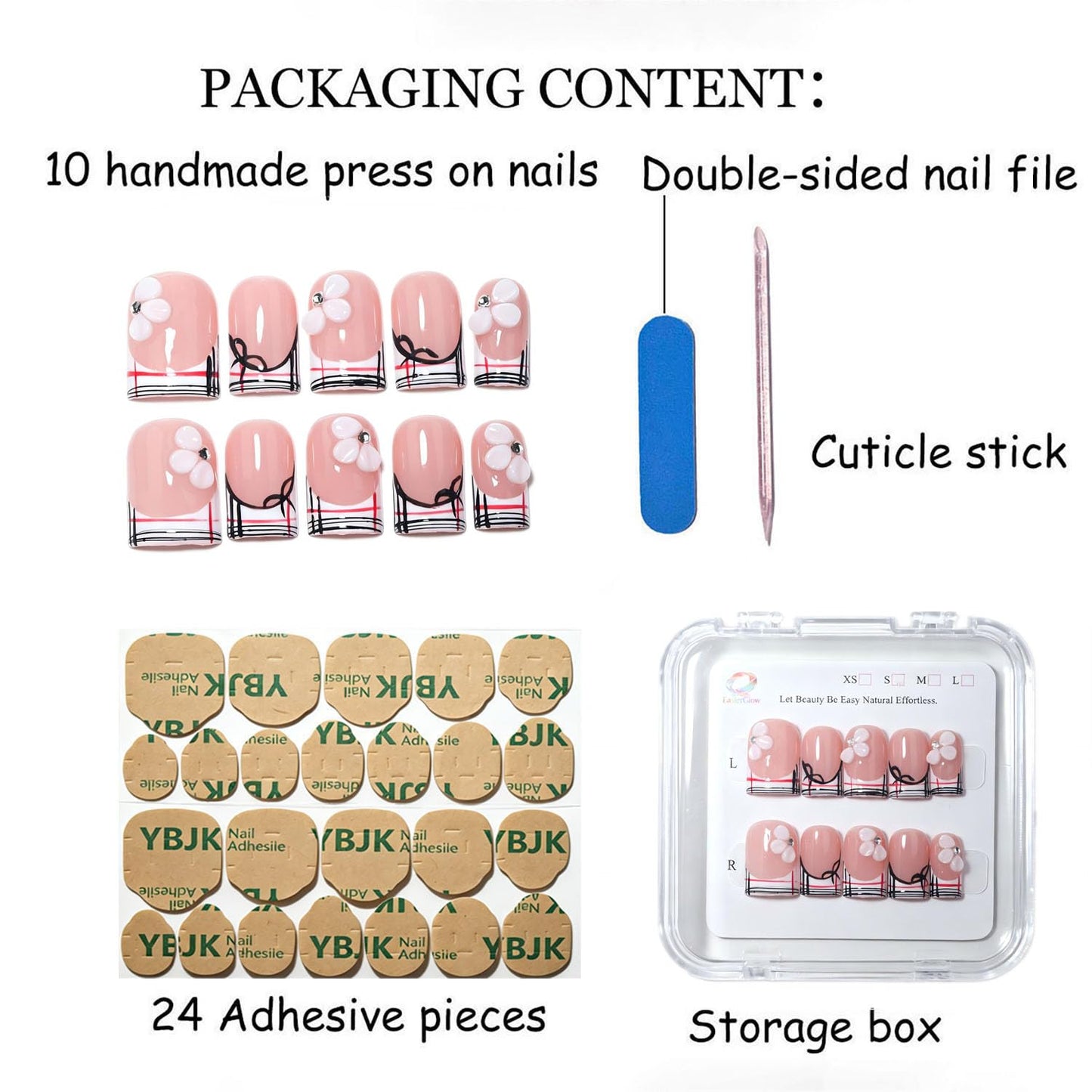 EasierGlow 10Pcs Handmade Short Square Press On Nails | Easy Apply & Remove, Reusable Salon Quality Nails | Nude Press Ons with Plaid French Tips, Hand-Drawn Bows & 3D Flower Accents (Y215, S)