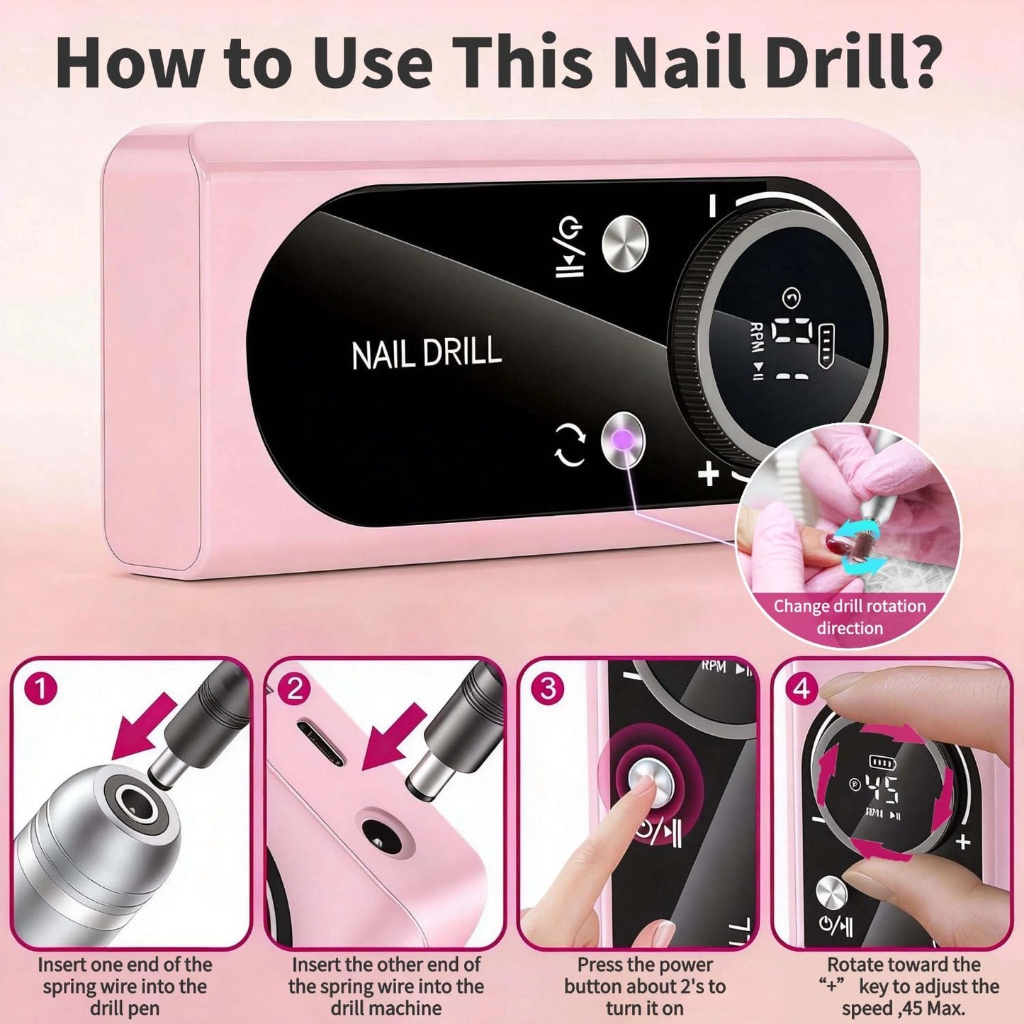 Electric Nail Drill Professional: 45000RPM Rechargeable Nail File with Bits for Acrylic Gel Nails, Professional Nail Drill Machine for Manicure & Pedicure Polishing Shape Tools for Home Salon