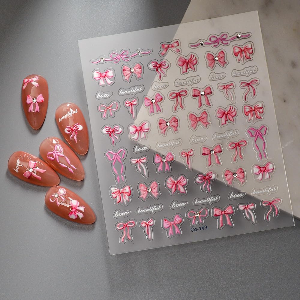 5D Embossed Bow Nail Stickers Pink Bowknot Nail Art Stickers with Rhinestone Design Bow Nail Decals for Women Girls Christmas Acrylic Nails DIY Manicure Nail Supplies