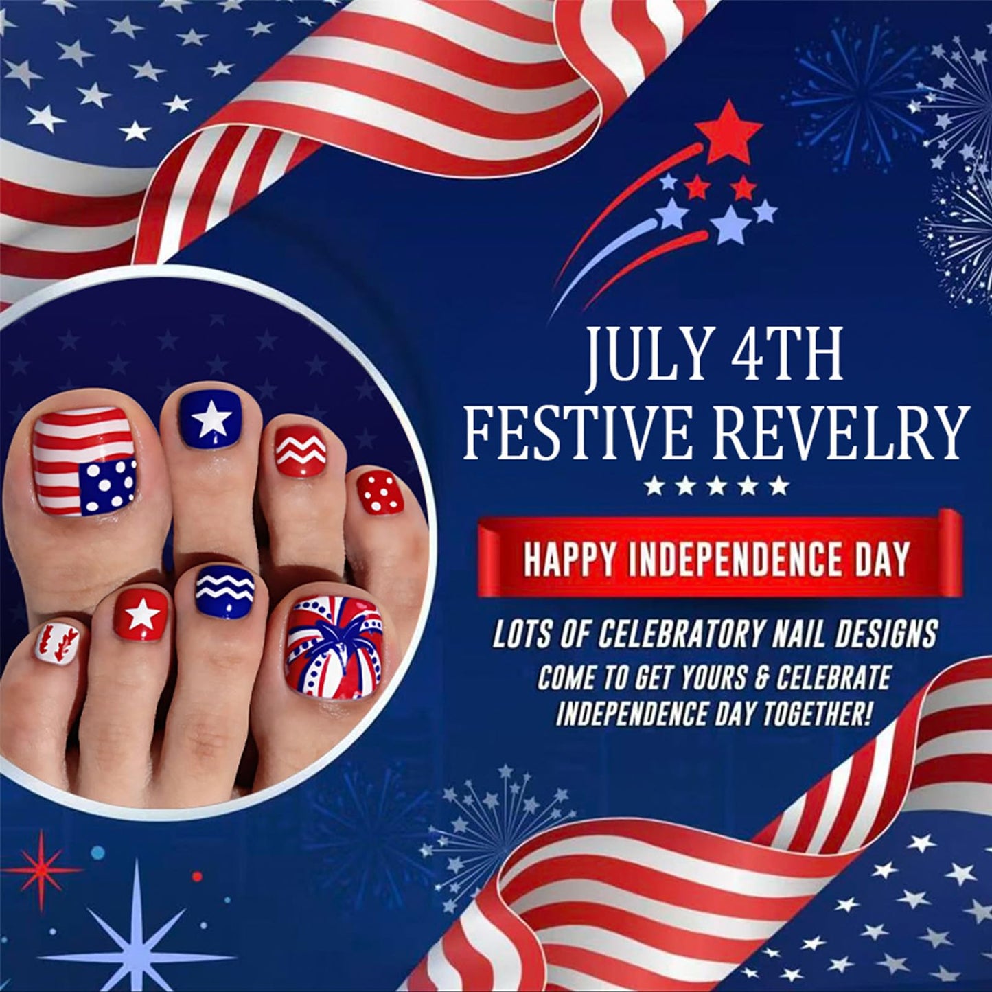 4th of July Press on Toenails Short Glossy Red White Blue Fake Toe Nails American Flag Star Stripe Toenail Press ons Independence Day Full Cover Acrylic False Toenails for Women 24Pcs