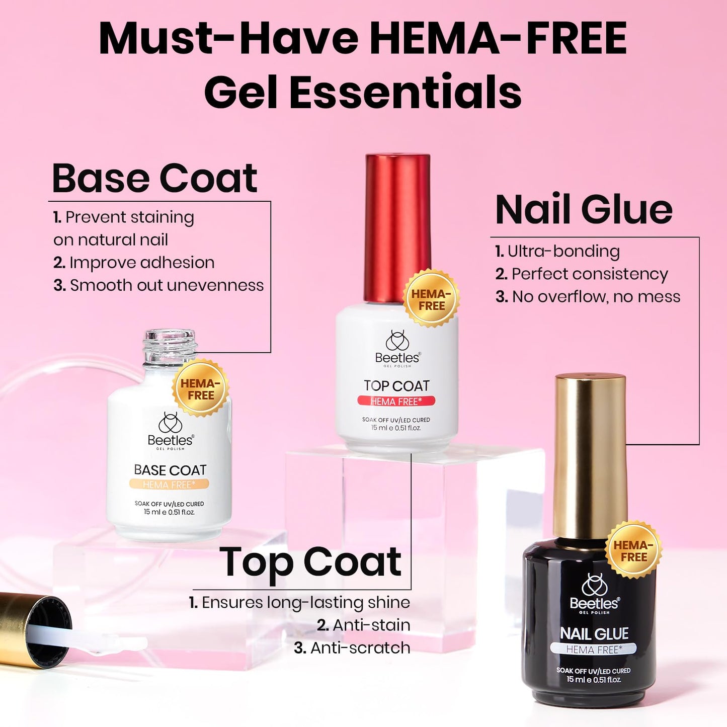 Beetles Gel Nail Kit Etch-X, Almond Medium, 288pcs 12 Sizes Nail Tips, 3Pcs 15ml HEMA-Free Nail Glue Top Coat & Base Gel Set, with Mini Lamp, Press On Nail, Long Lasting Extension DIY Set at Home