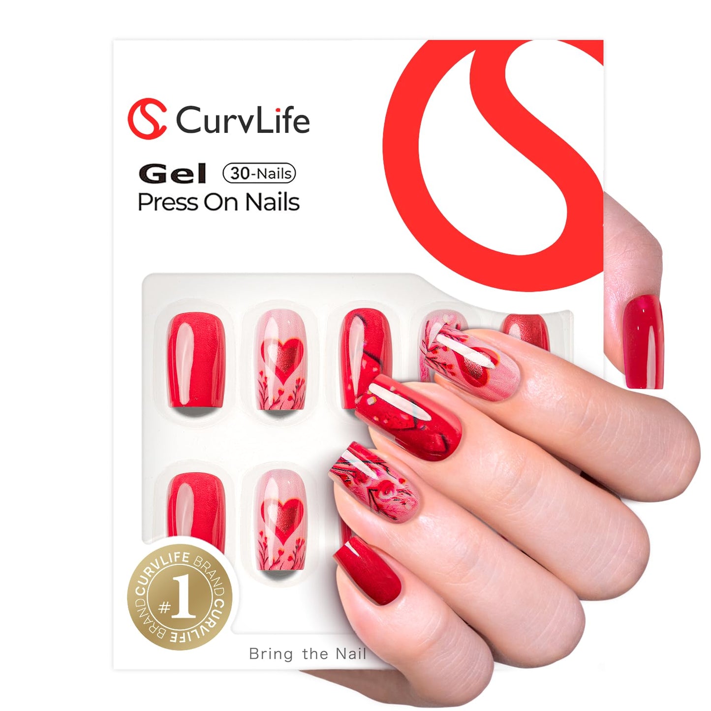 CurvLife Press On Nails Long Square Red Floral, Soft Gel Glossy Fake Nails, Reusable Durable Salon-Style Manicure for Women Teens Beginners, 30pcs, Daily Wear for Work Party