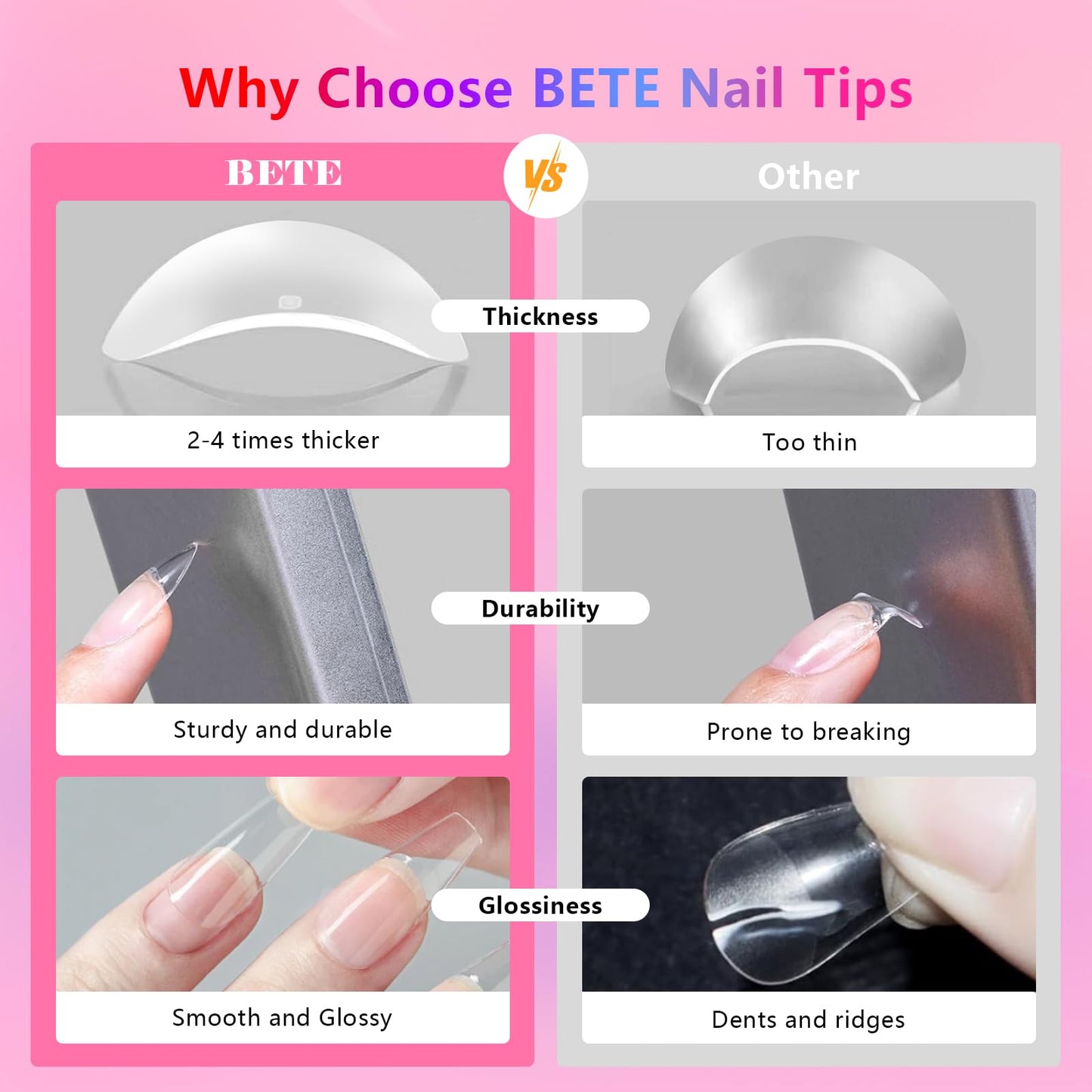 BETE Medium Almond Clear Acrylic Nail Tips–544Pcs 16 Sizes with Half Sizes, Tipex Instant Apex Full Cover False Nails, Pre-Shaped Strong Thick Press On Nails for Home & DIY Manicure
