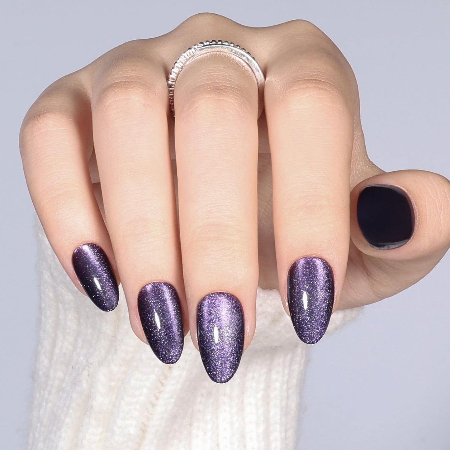 Purple Cat Eye Press On Nails Almond - Purple Short Almond Fake Nails, Short Cateye Press On Nails Reusable Stick On Nails in 16 Sizes, 32pcs False Nail Kit for Women & Girls(Violet Nocturne)