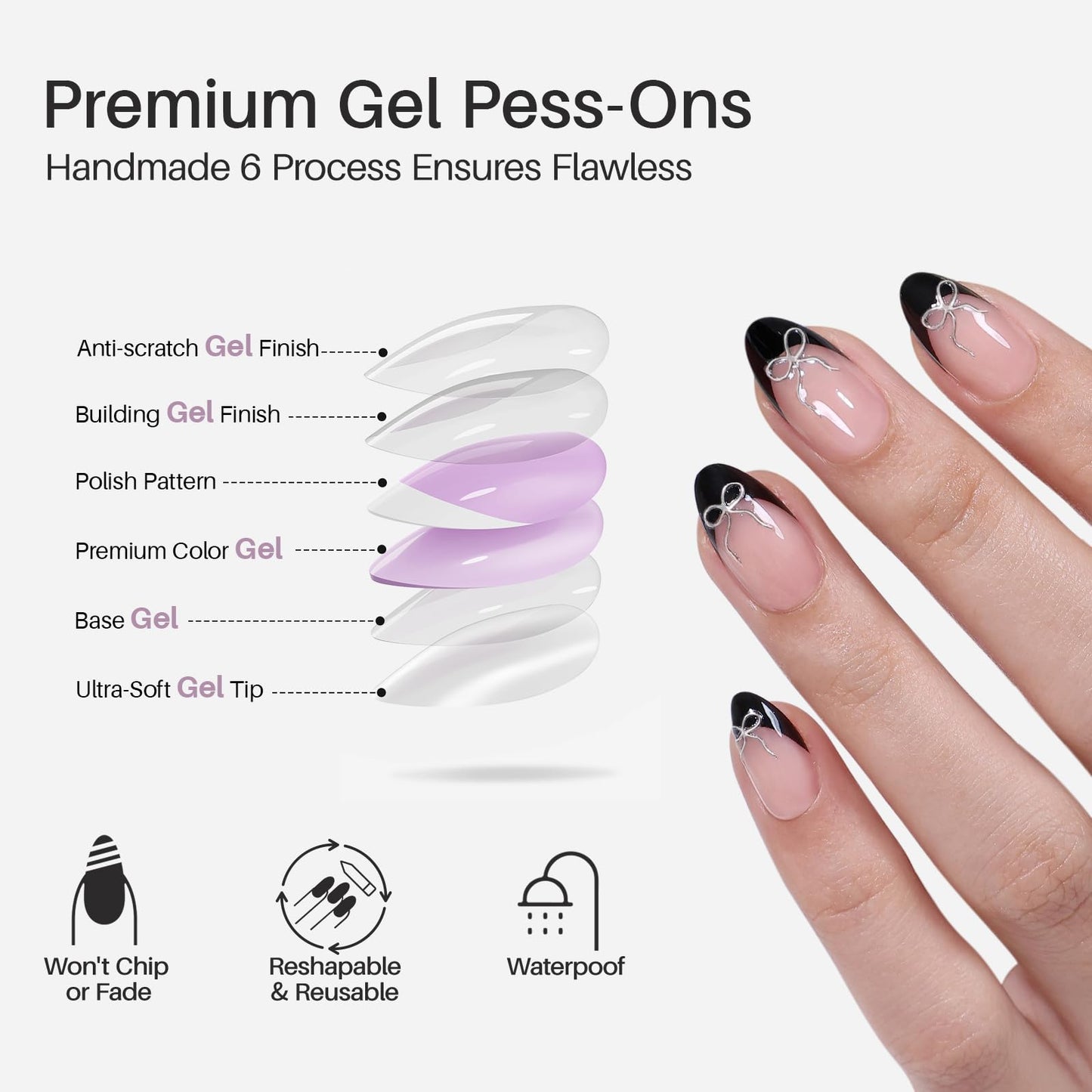 SHANGMENG Black French Tip Press on Nails Short with 3D Bow Design - Soft Gel Almond Fake Nails for Women Gift, Natural Stick on Nails with Glue in 16 Sizes - 32 Reusable Nails, Silver Ribbon