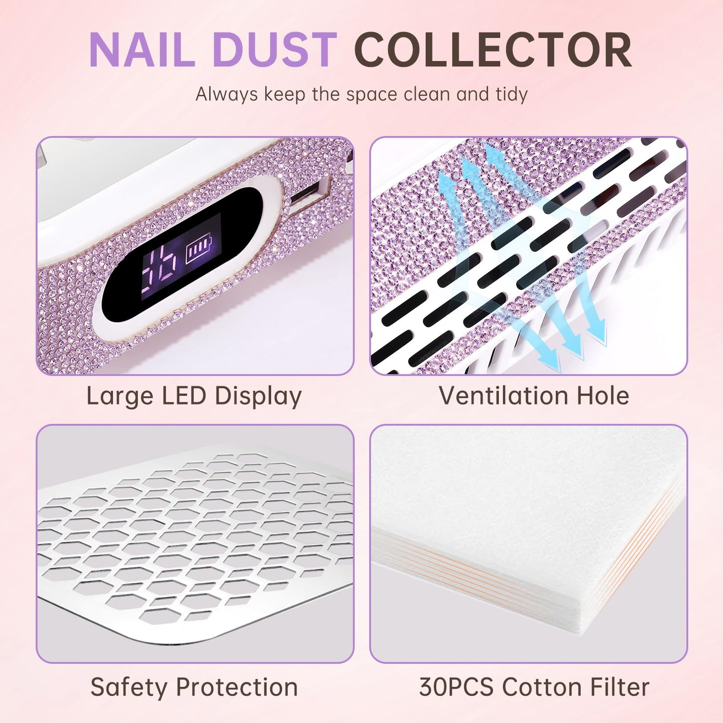 CHRISTINE SHELLY Nail Dust Collector, Rechargeable Dust Collector Nail Tech, Powerful Vacuum Fan Vent Dust Collector Extractor Dust Suction Machine for Acrylic Nails Polishing, Nail Salon&Home,Purple