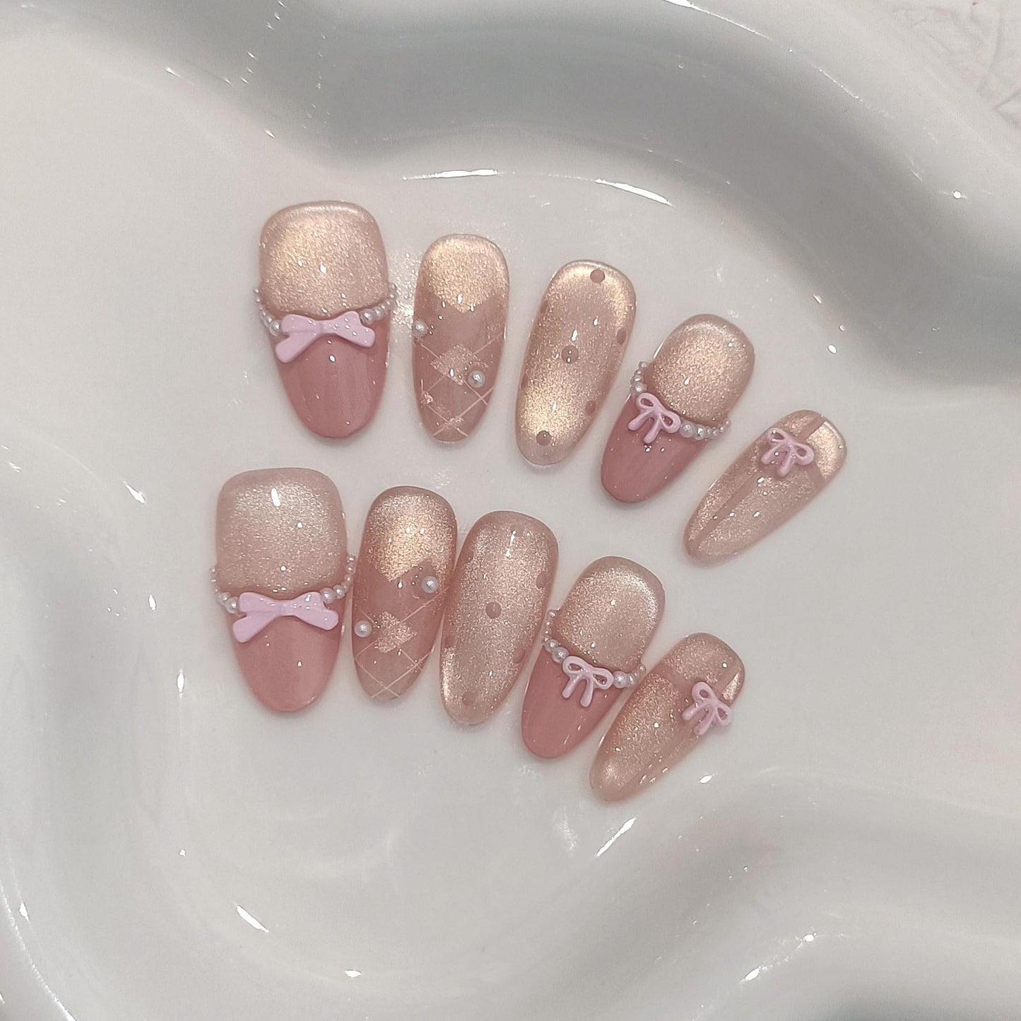 TENPAL Cute Sweet Handmade Press on Nails Almond,Ballet Butterfly Cat Eye Nude Pink Ombre French Tips Fake Nails with Tools, Reusable Spring Polka Dot Bow Pearl False Nails for Women 10pcs(L)