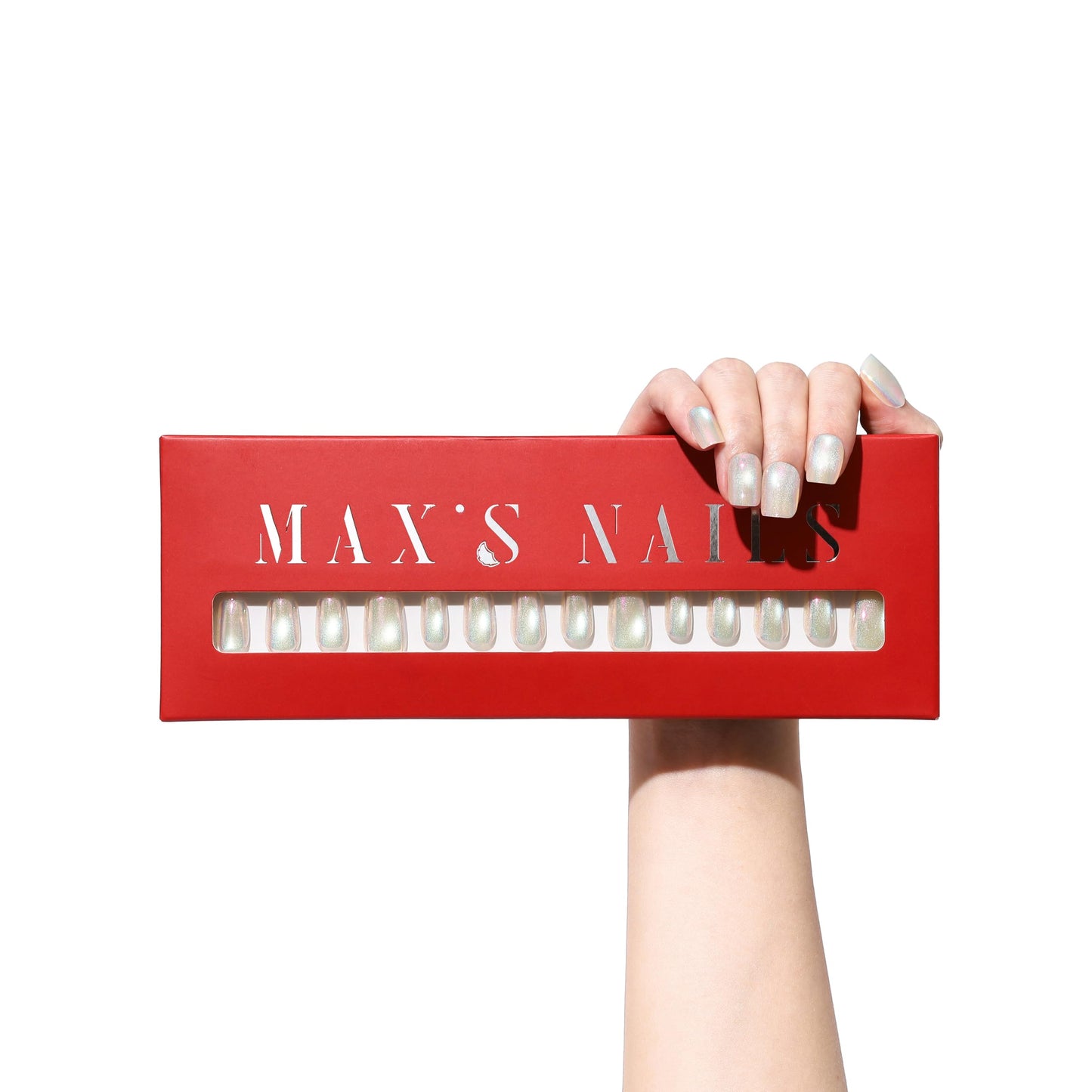 Max’s Chrome & Cat Eye Square Press-On Nails | 30-Piece Nail Kit including Both Adhesive Tab & Nail Glue (Oyster Pearl, Small) [ Size Runs Small, Buy One Size Larger ]