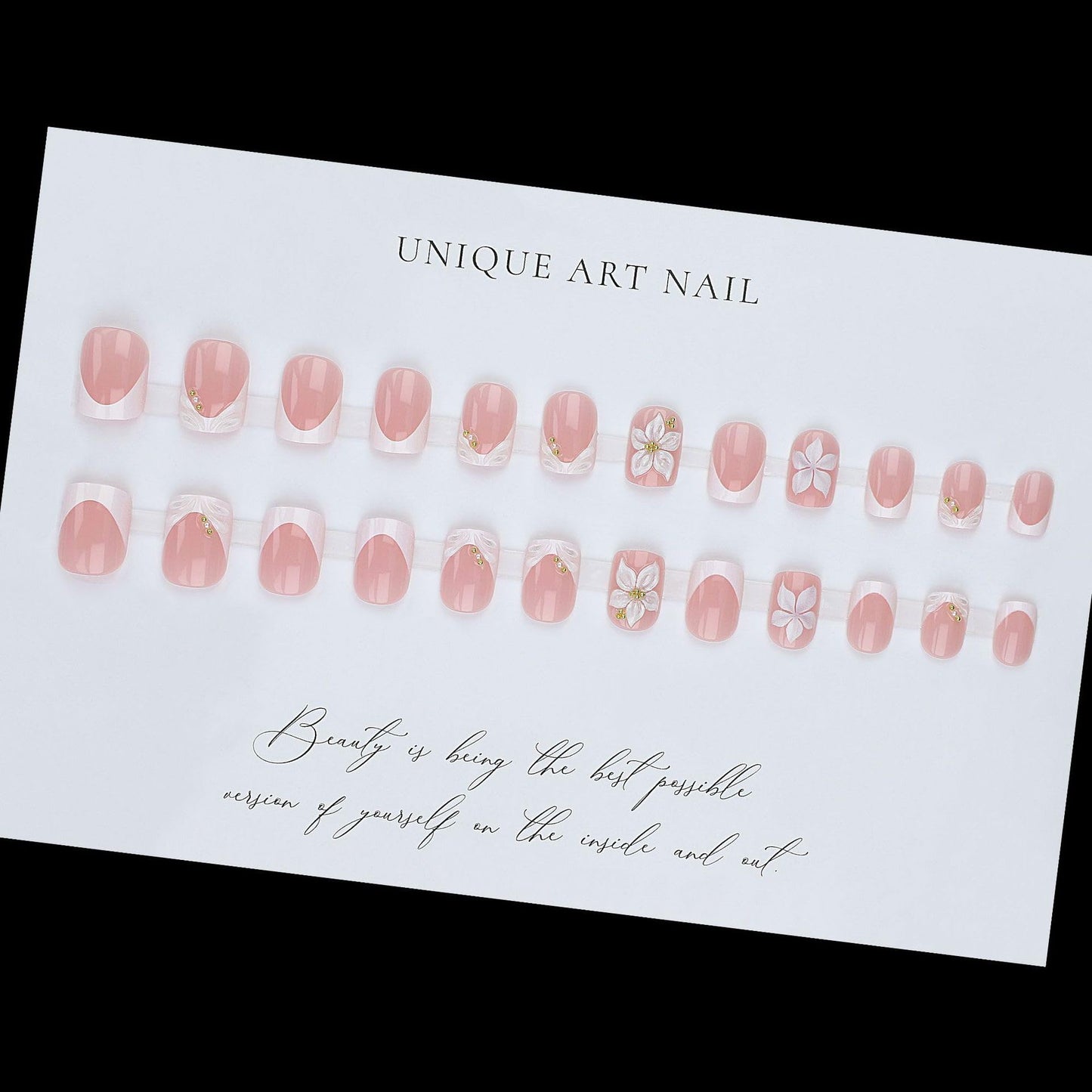 CTTHNBD Short Press on Nails Square - White French Tip Fake Nails with Flower Design - Spring Stick on False Nails - for Women 24 Pcs