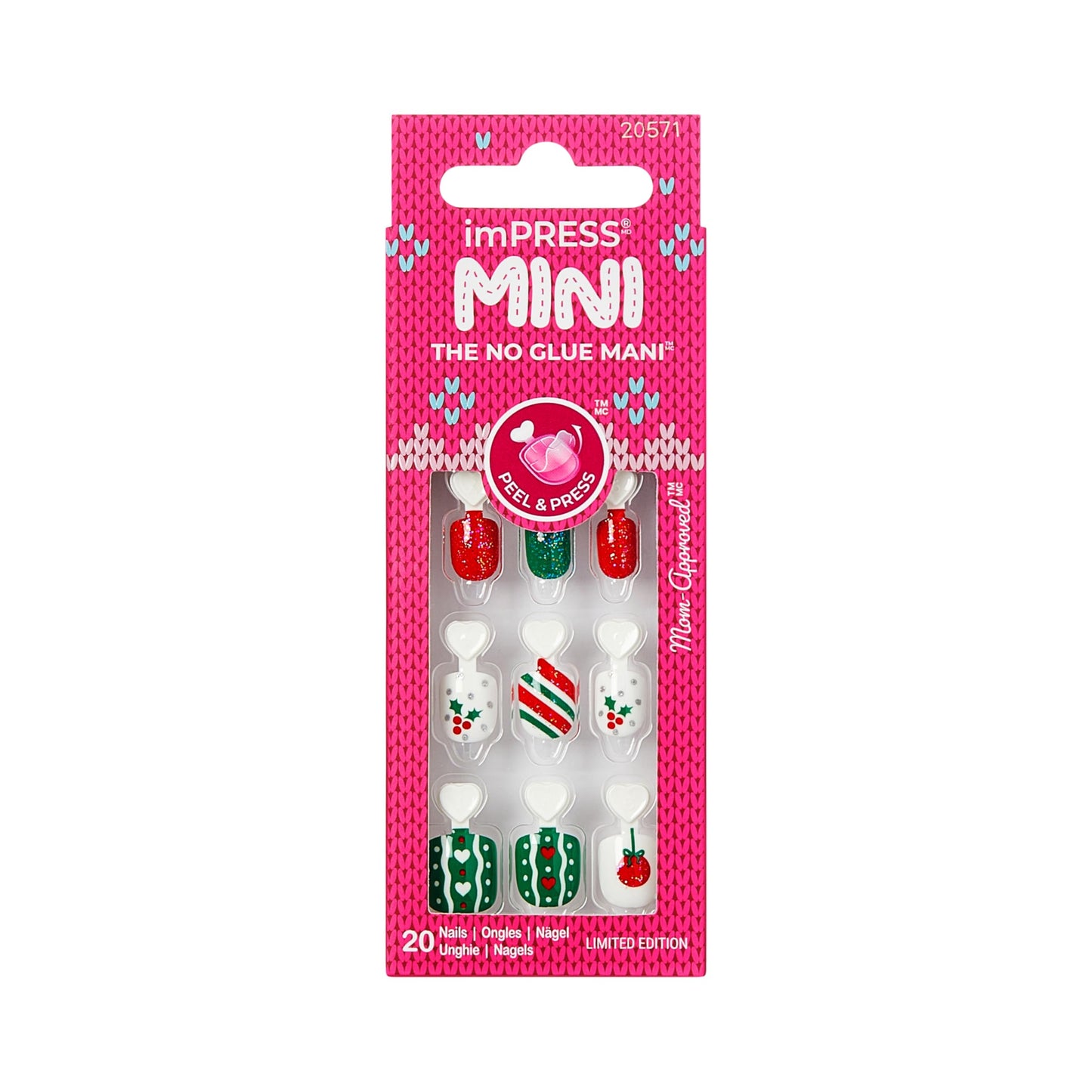 KISS imPRESS MINI Holiday Press On Nails for Kids, ‘One More Sleep’, Green, Child Size, Squoval Shaped, Mess-Free, Mom Approved, Non-Toxic, Breakaway Application Tabs, Nail File, 20 Fake Nails