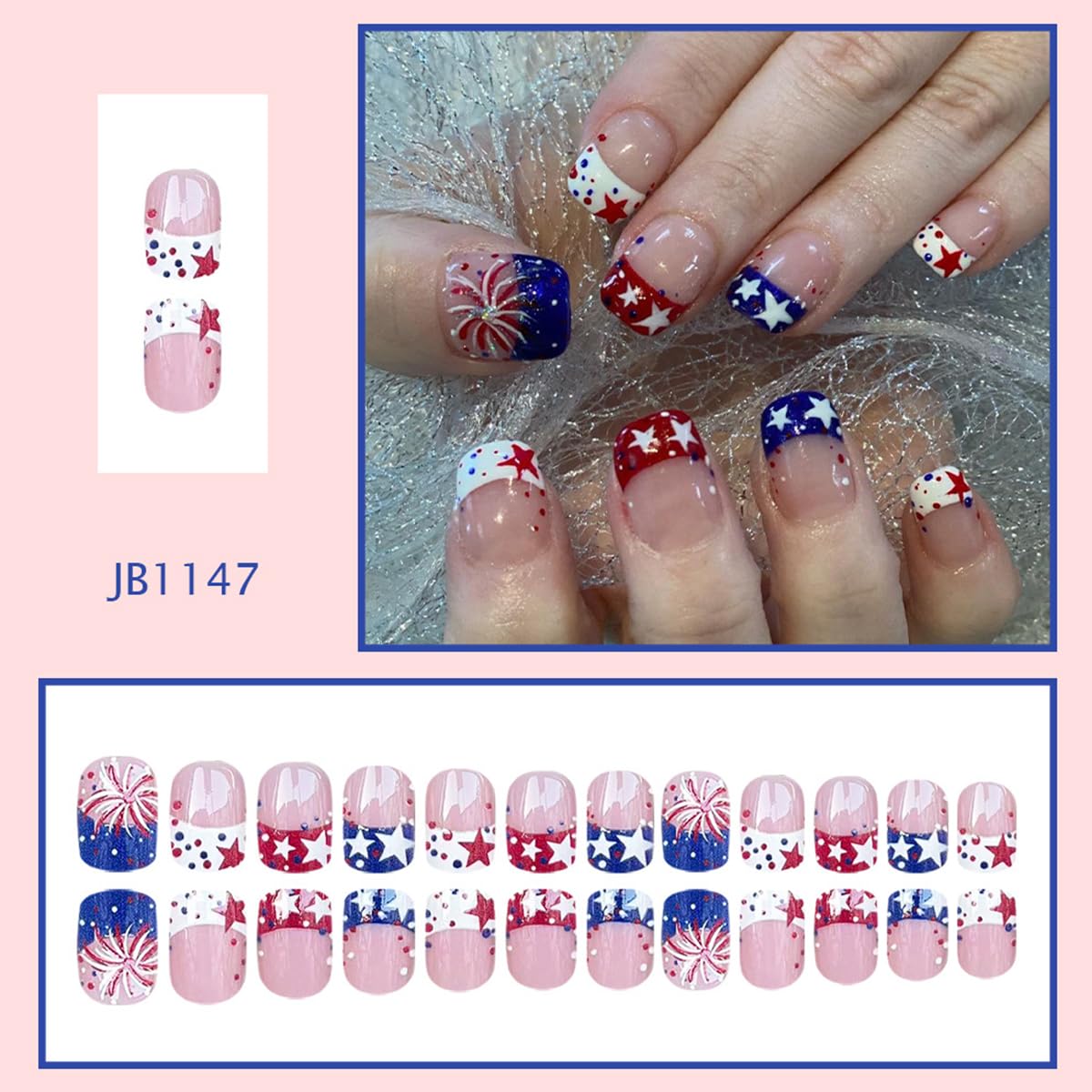 24Pcs 4th of July Press on Nails Short Square French Tip False Nails with Red White Blue Star Firework Designs Independence Day Fake Nails Patriotic Acrylic Stick on Nails for Women Holiday Manicure