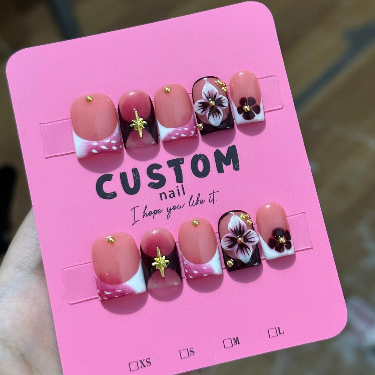 Handmade Press on Nails Square False Nails with 3D Flower & Golden Steel Designs Thicked Fake Nail Gradient Full Cover Muti-Layer Gel Acrylic Nails Red French Tip Stick on Nail for Women (S)
