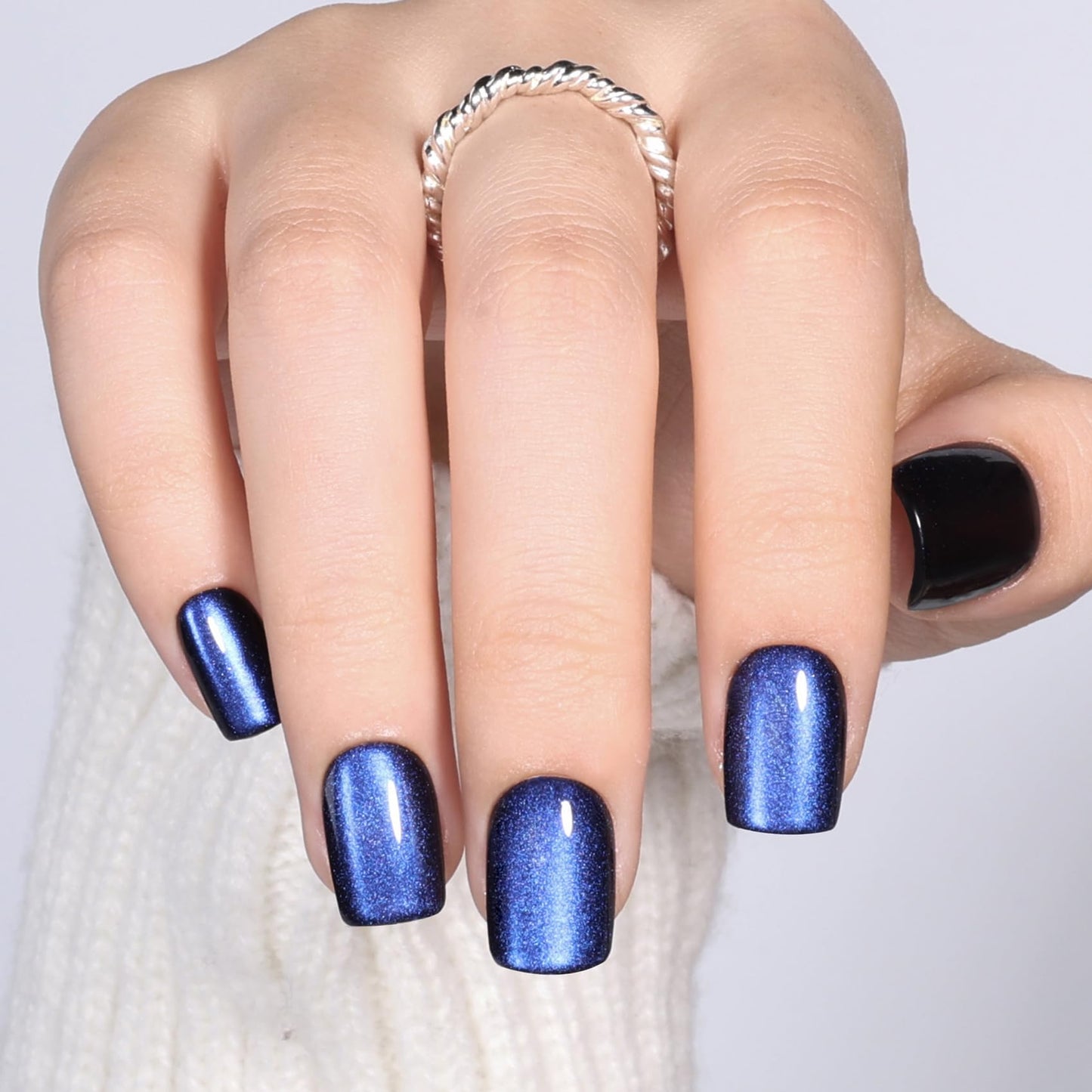 Blue Cat Eye Press On Nails Square - Short Square Fake Nails with Nail Glue, Dark Blue Cateye Press On Nails Reusable Stick On Nails in 15 Sizes 30 Nail Kit for Women & Girls | Salon Quality
