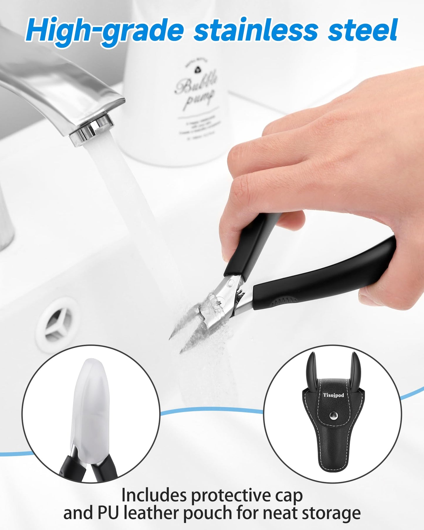 Tisojpod Nail Clippers,Toenail Clipper for Ingrown or Thick Toe Nails,Fingernail Clipper for Men Women Seniors with Stainless Steel Straight Blade Soft Handle Nail Cutter Black